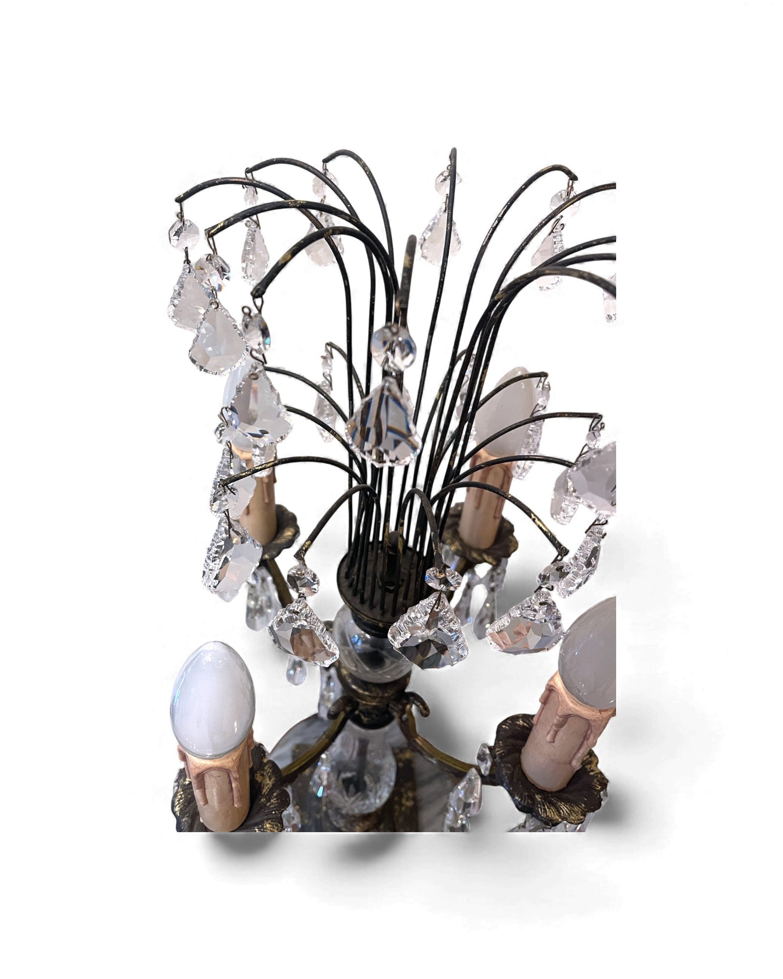 Mid-Century Hollywood Regency Brass & Cut Crystal Girandole Lamp - 4 Bulb