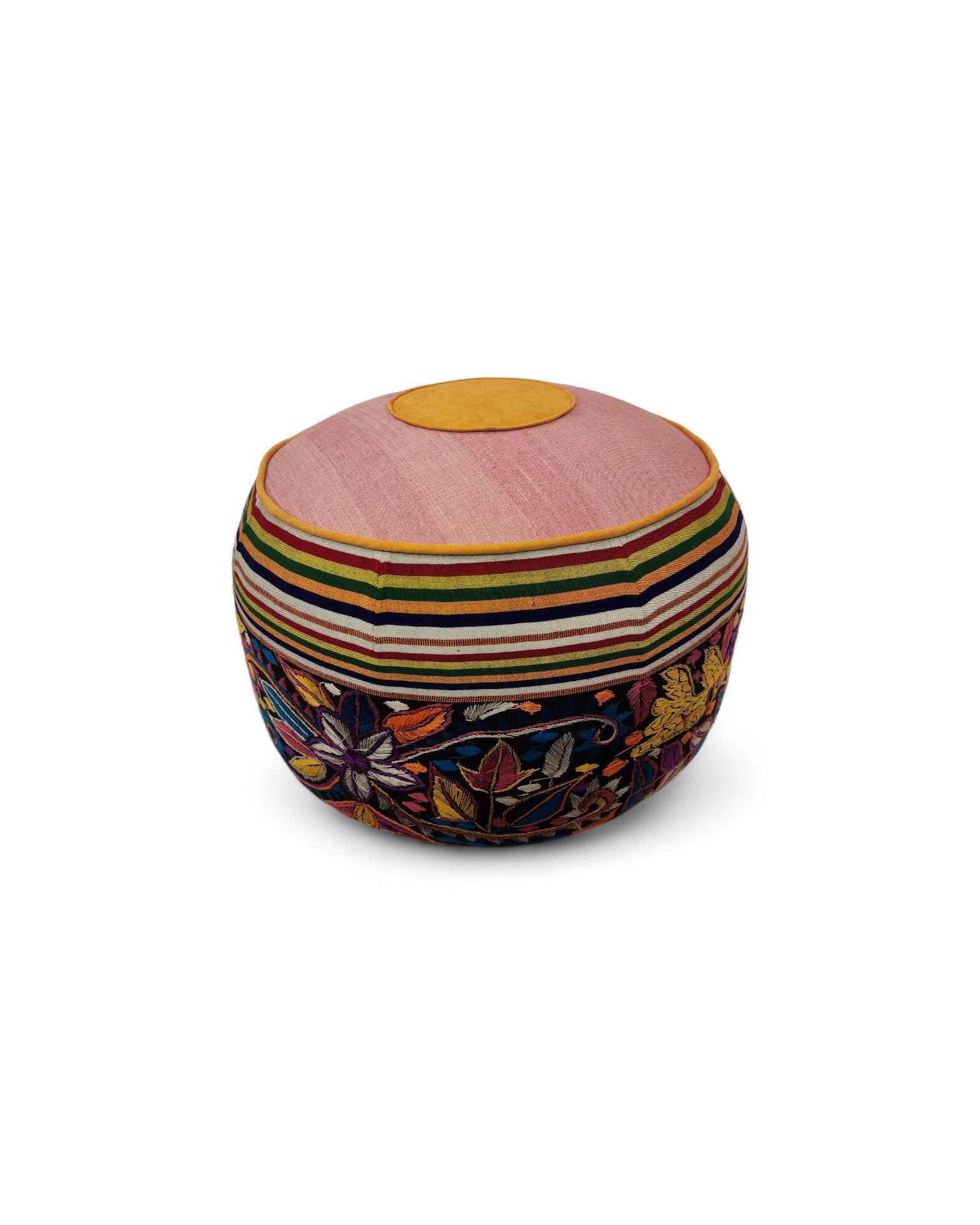 Multicolour Hand-Embroidered Round Pouf - Pink