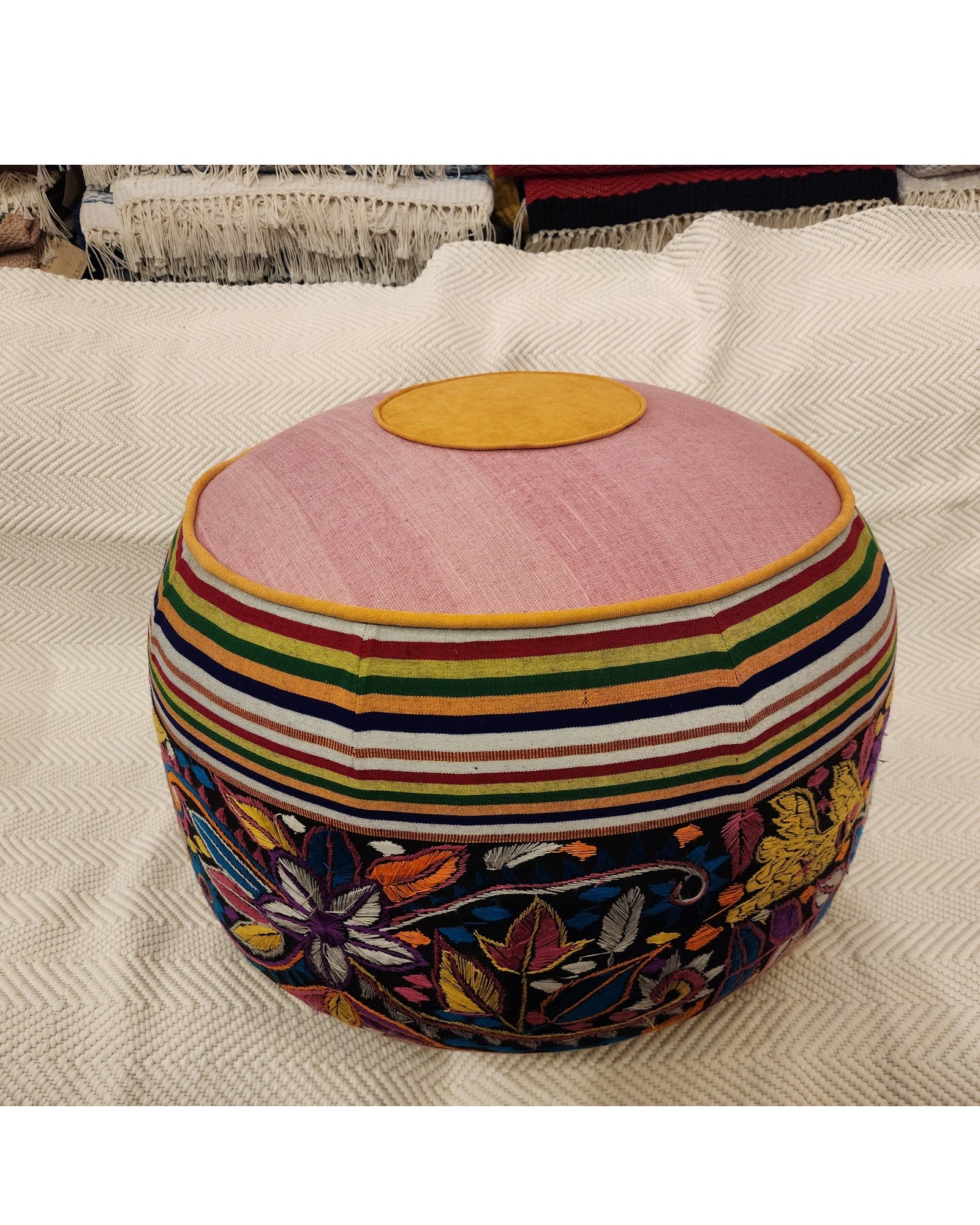 Multicolour Hand-Embroidered Round Pouf - Pink