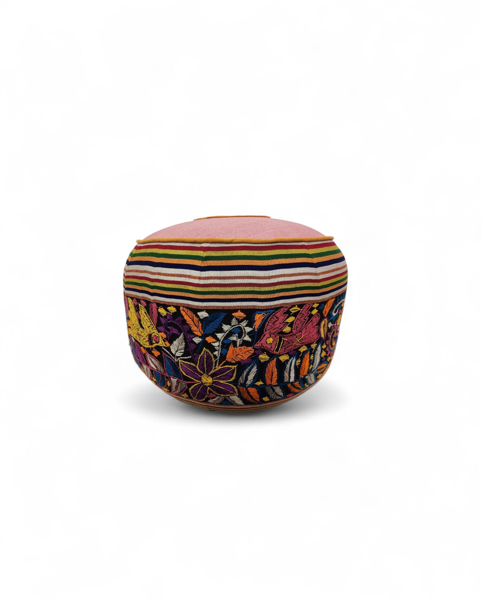 Multicolour Hand-Embroidered Round Pouf - Pink