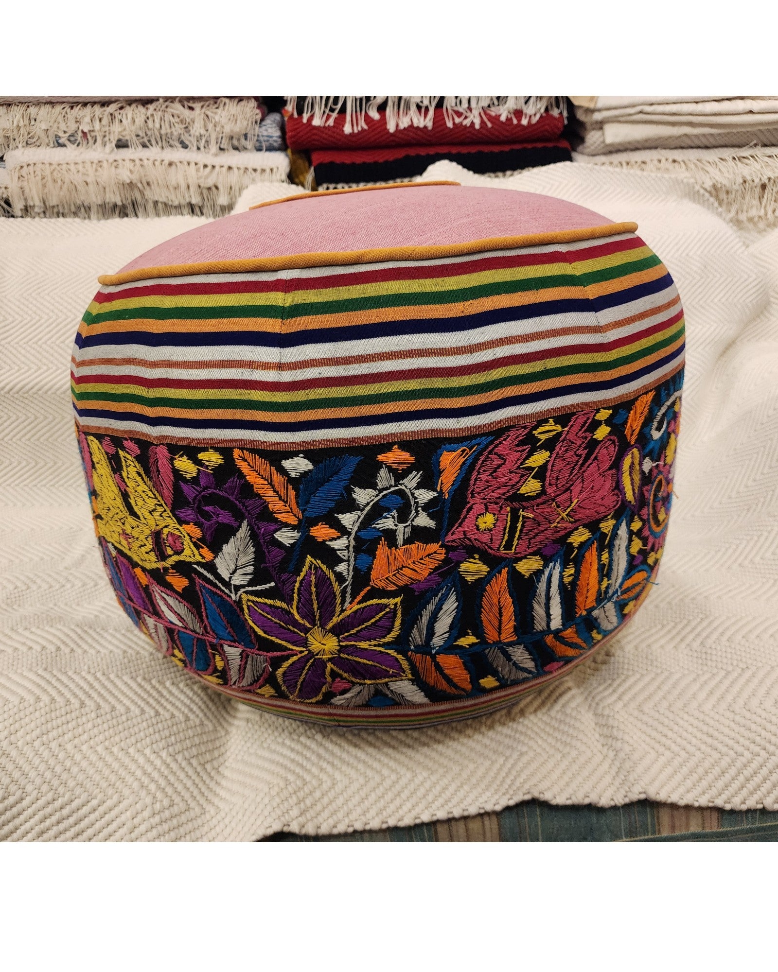 Multicolour Hand-Embroidered Round Pouf - Pink