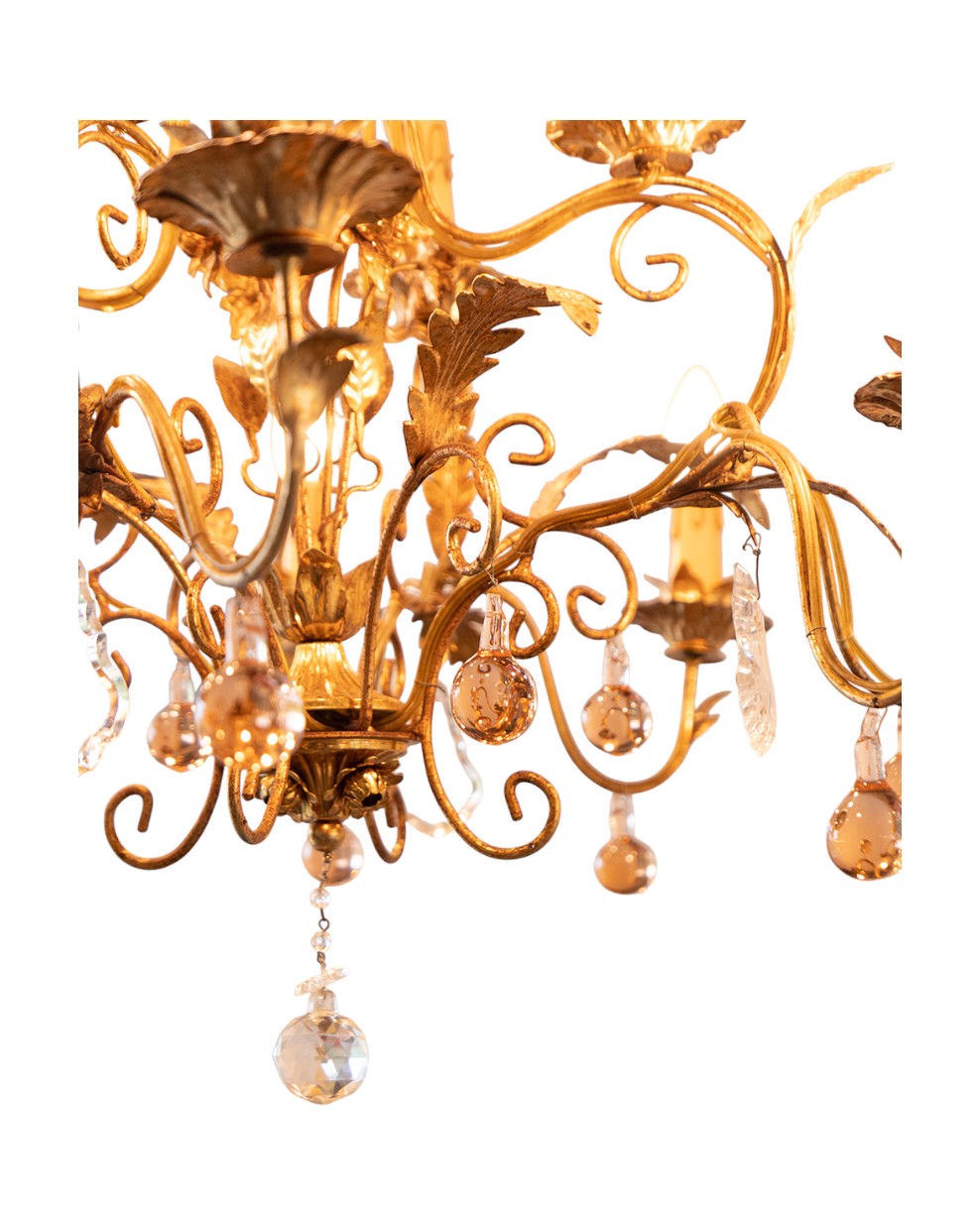 Italian Toleware Golden Chandelier with Murano Glass Droplets
