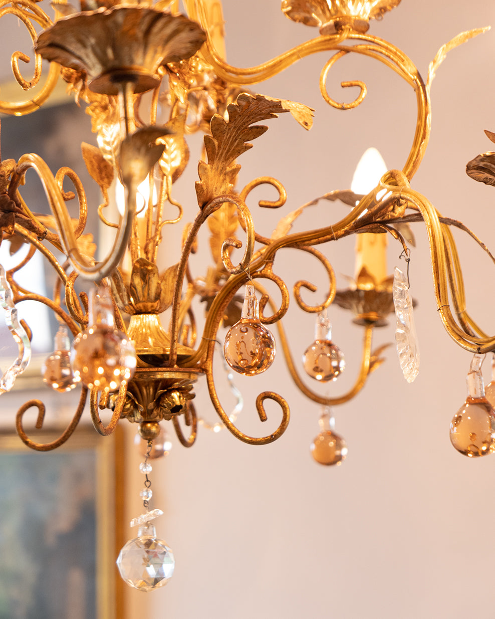 Italian Toleware Golden Chandelier with Murano Glass Droplets