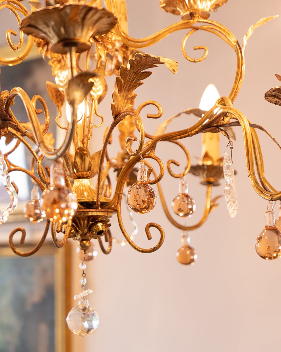 Italian Toleware Golden Chandelier with Murano Glass Droplets - Surround Living - 6