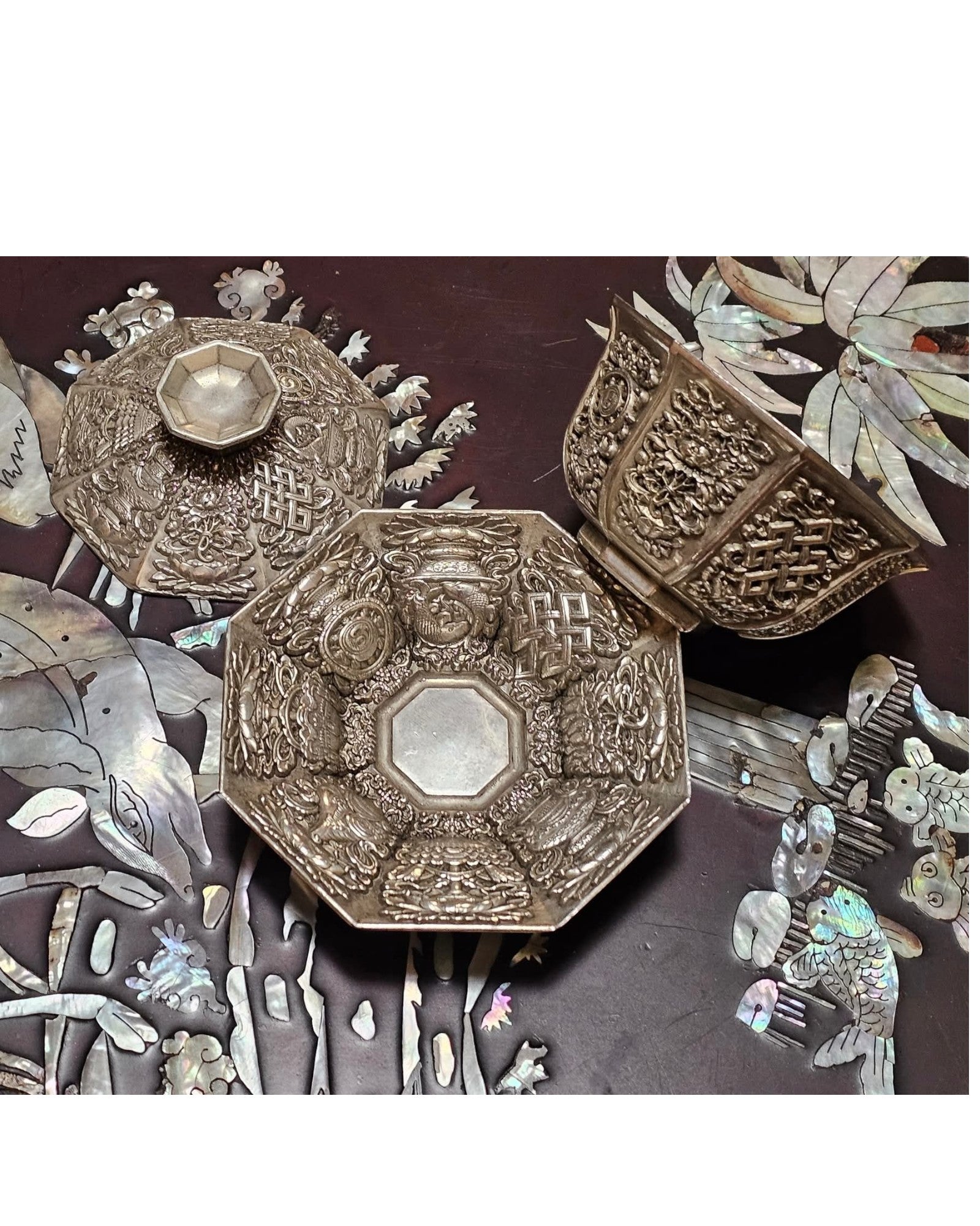 Octagonal Silver-Gilt Tea Cup Set with Matching Saucer