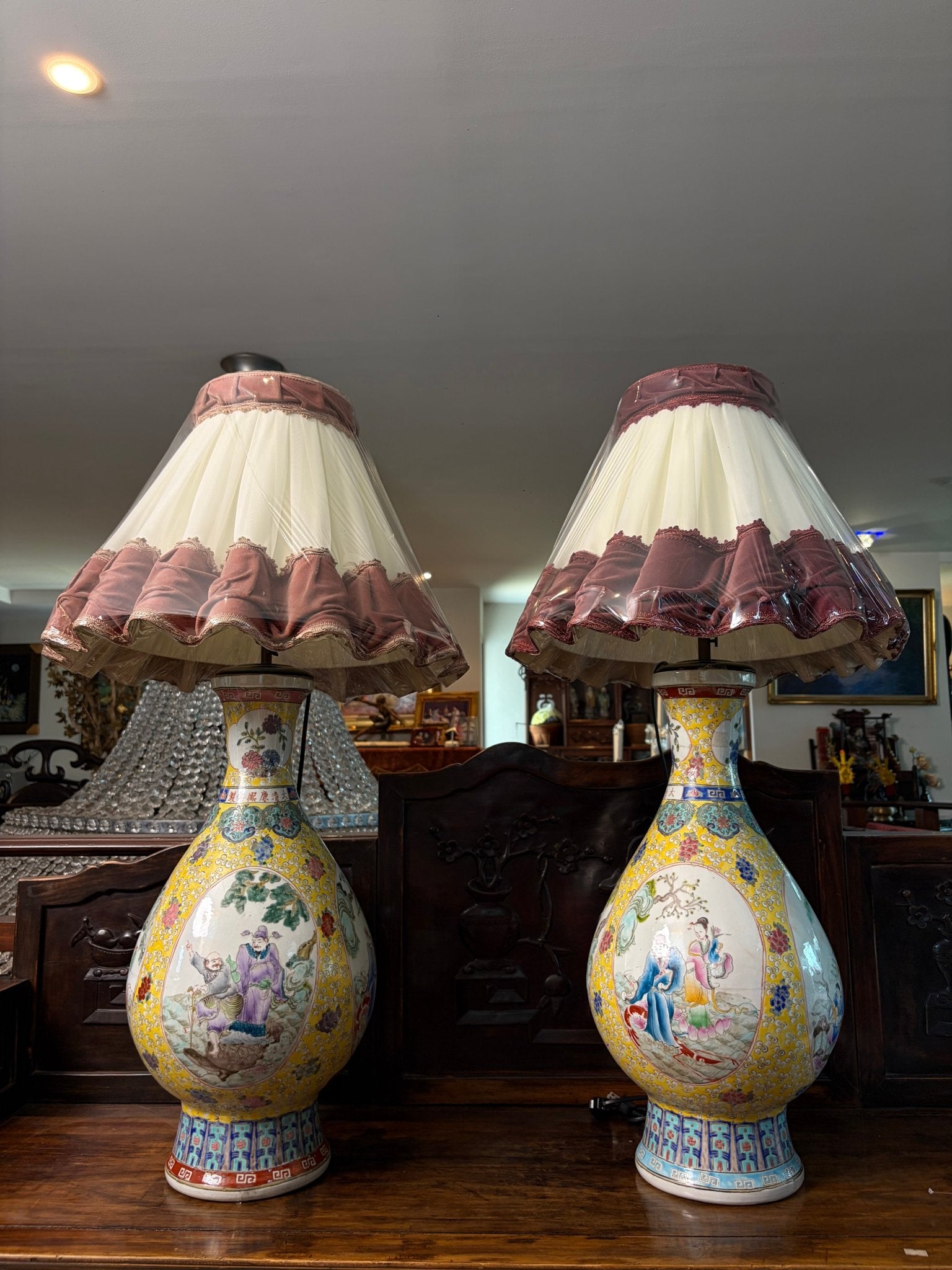 Porcelain Vase Table Lamp with Velvet Shades (Sold in Pairs) - Surround Living - 30