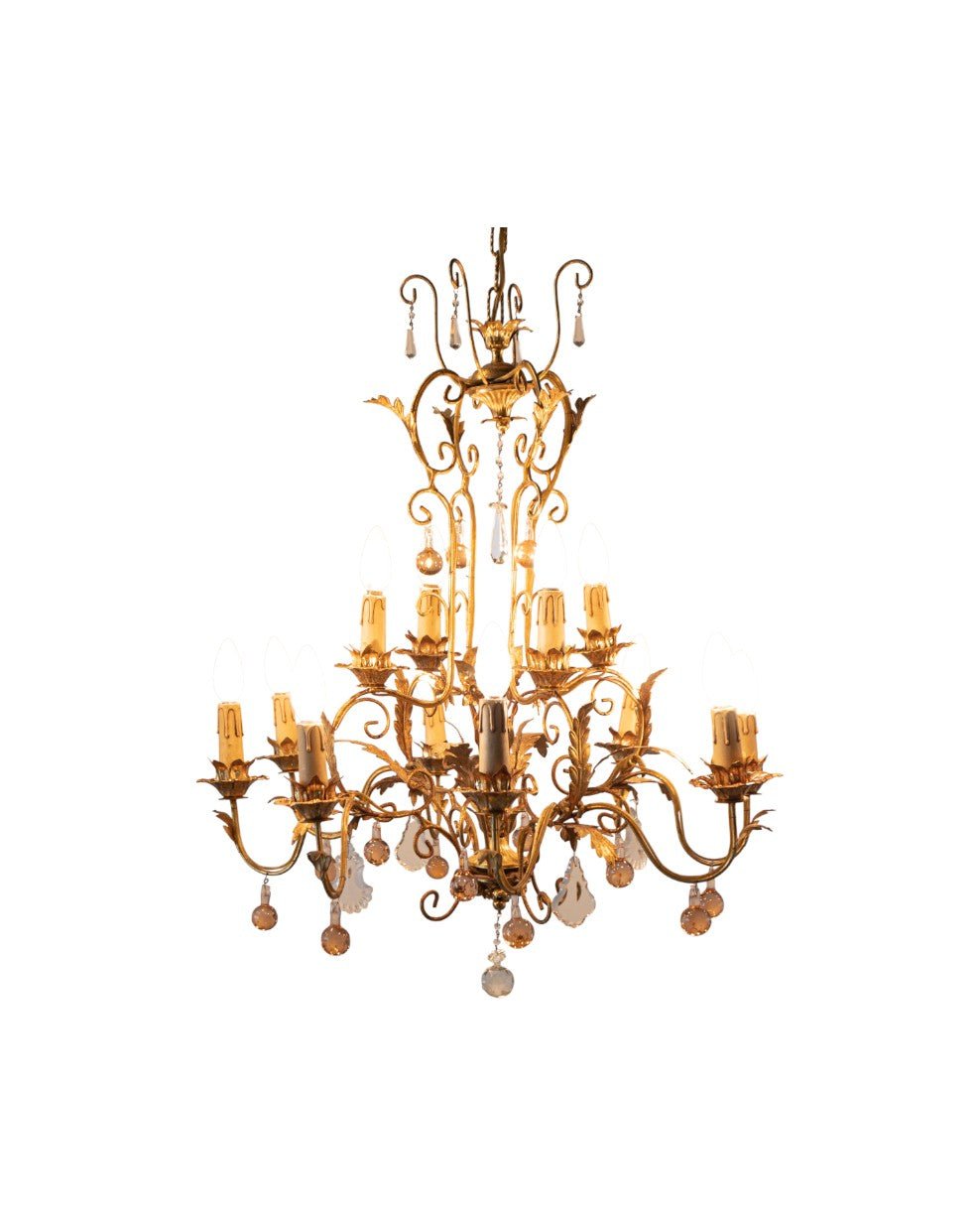 Italian Toleware Golden Chandelier with Murano Glass Droplets - Surround Living - 3