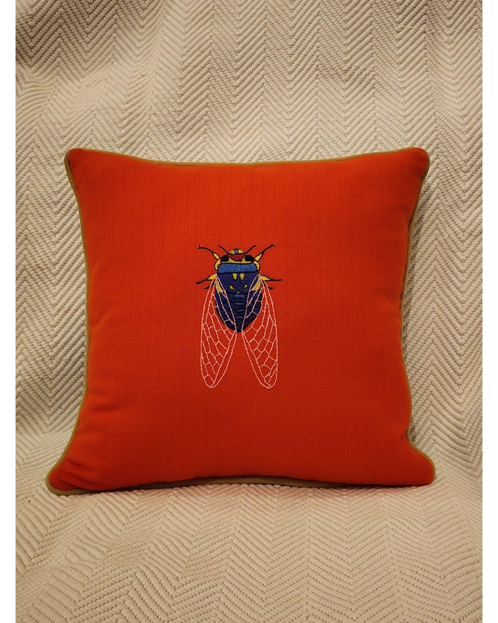 Hand Embroidered Cicada Cushion