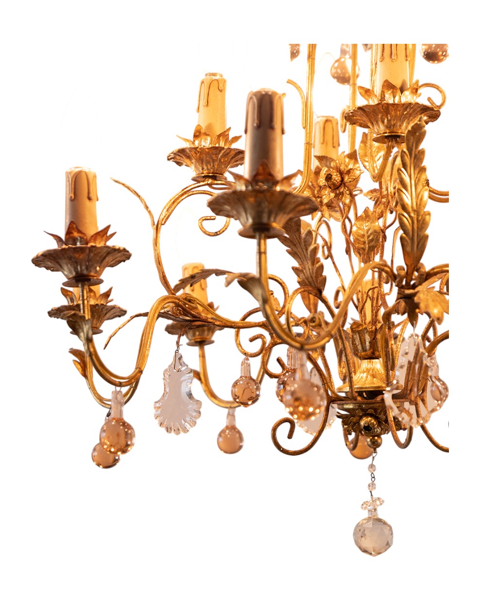 Italian Toleware Golden Chandelier with Murano Glass Droplets