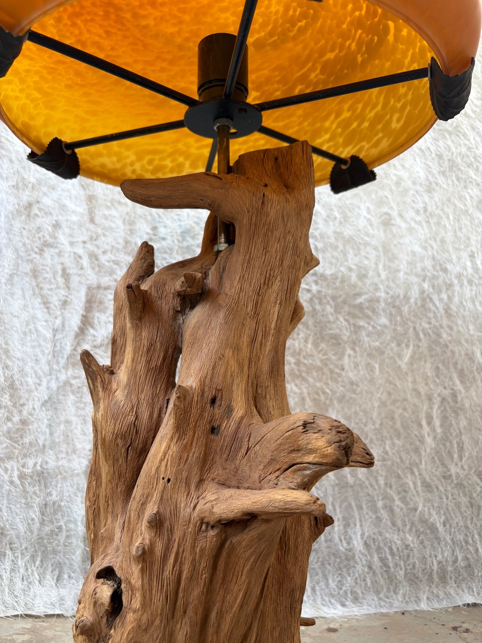 Organic Wood Table Lamp with Mushroom-Shaped Orange Art Glass Shade - Surround Living - 14