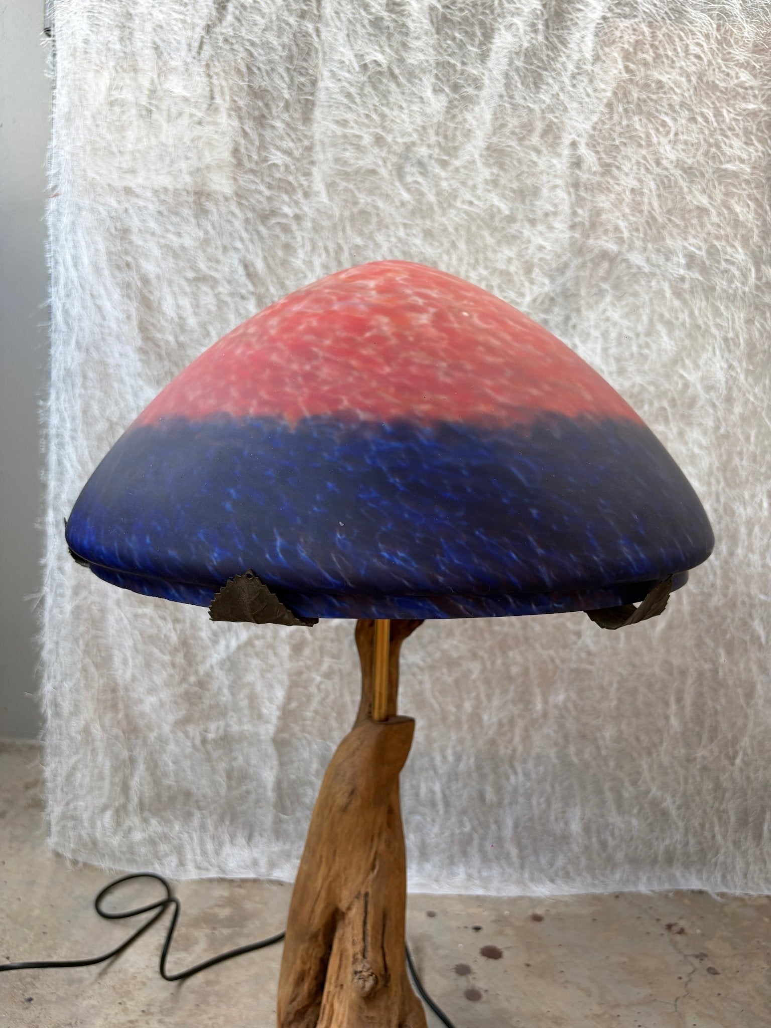 Organic Wood Table Lamp with Mushroom-Shaped Red and Blue Art Glass Shade - Surround Living - 16