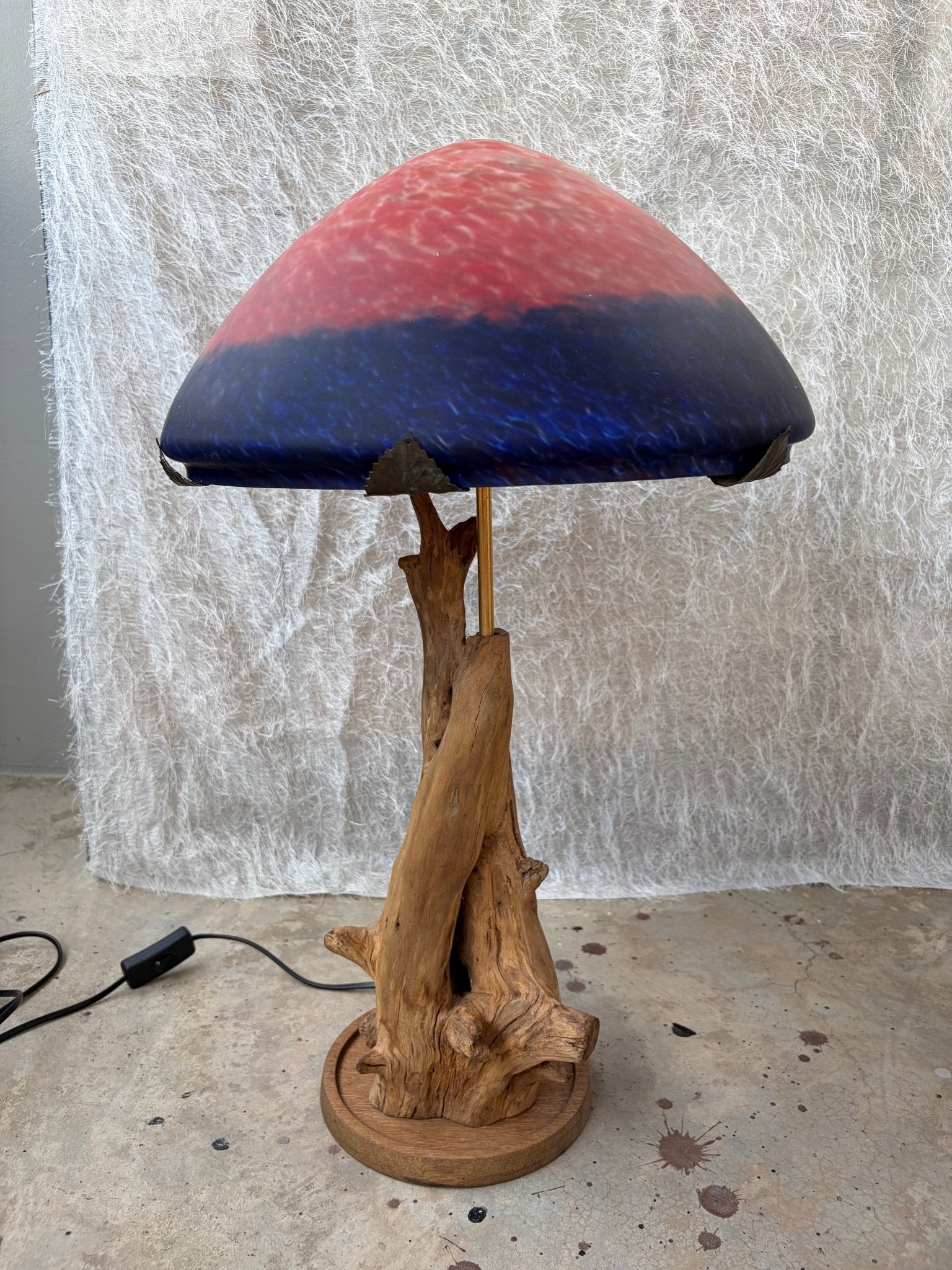Organic Wood Table Lamp with Mushroom-Shaped Red and Blue Art Glass Shade - Surround Living - 14
