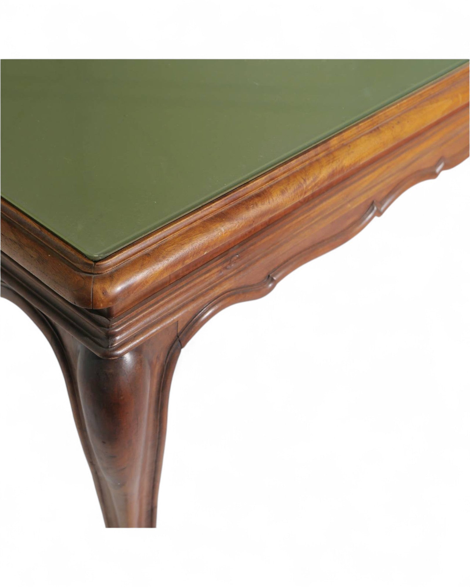 Italian Solid Walnut Louis XV Dining Table with Green Glass Top