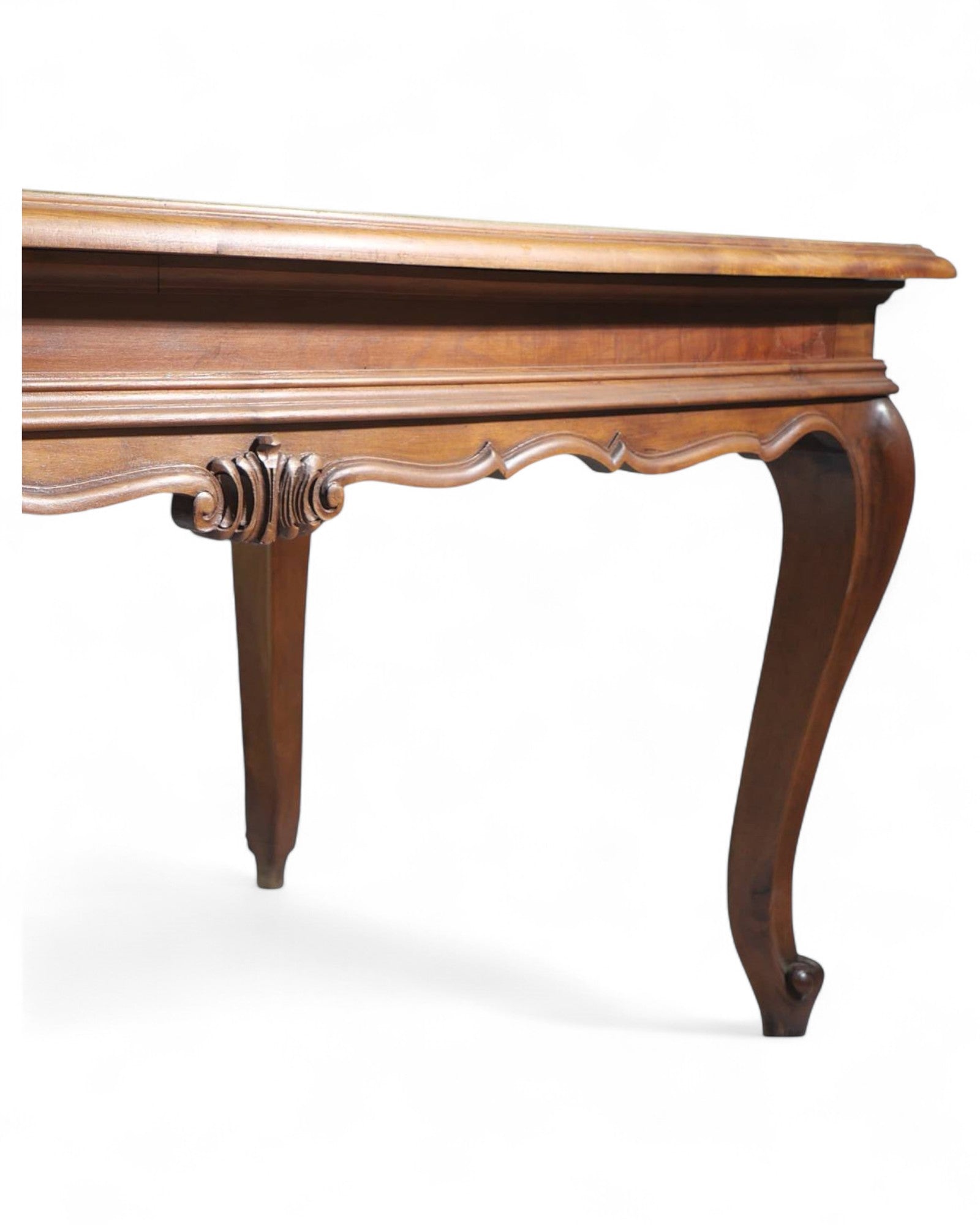 Italian Solid Walnut Louis XV Dining Table with Green Glass Top