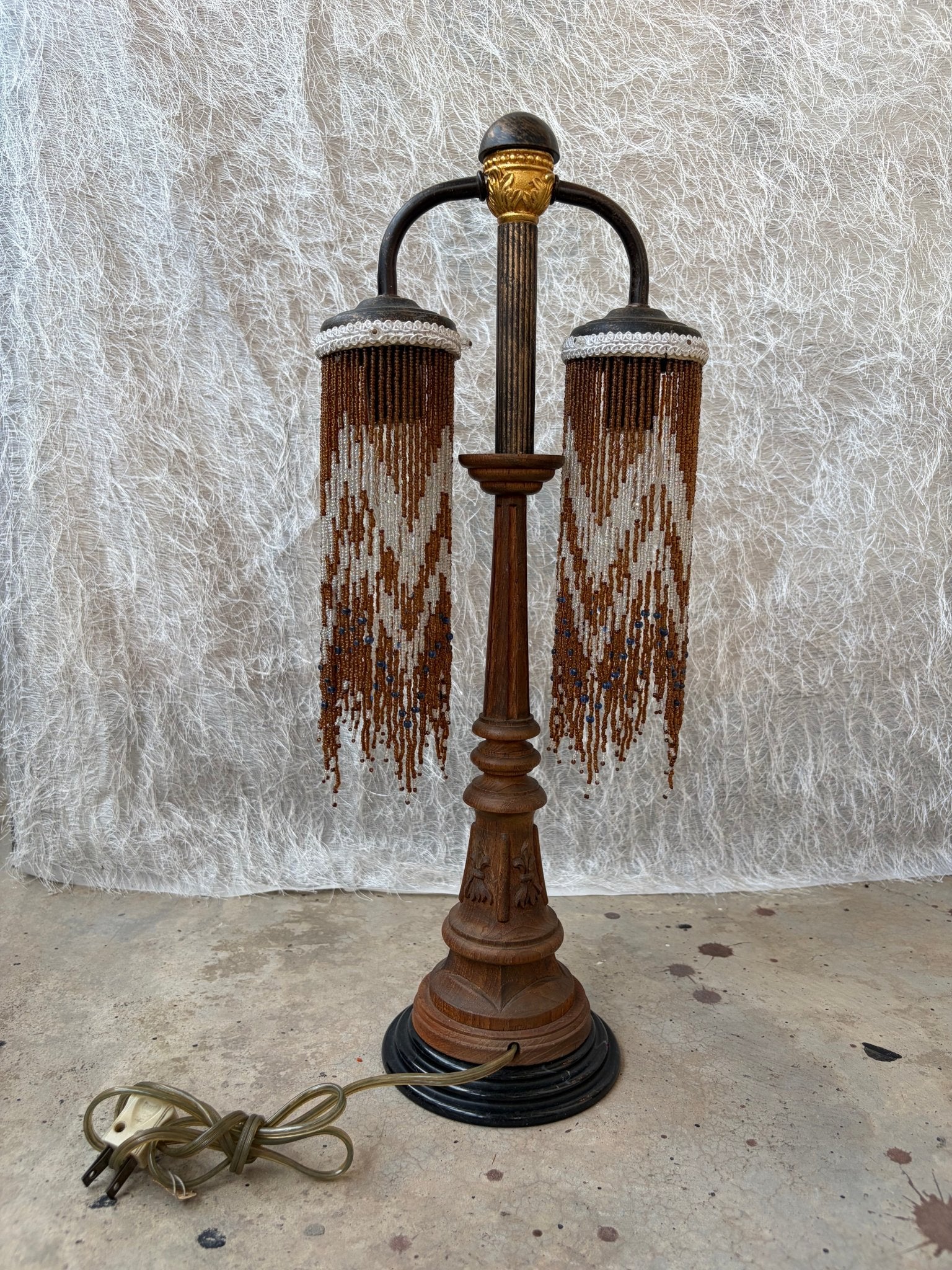 A Vintage Table Lamp With Two-Metal-Arm Beaded Fringe Shades and a Wooden Body - Surround Living - 20