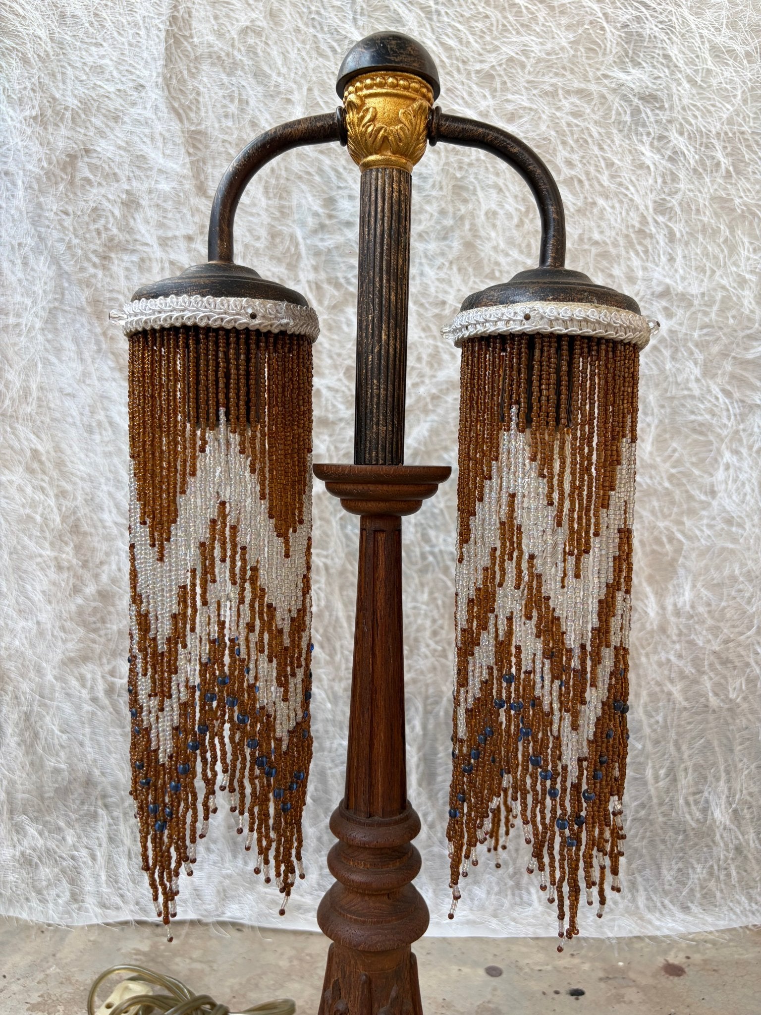 A Vintage Table Lamp With Two-Metal-Arm Beaded Fringe Shades and a Wooden Body - Surround Living - 18