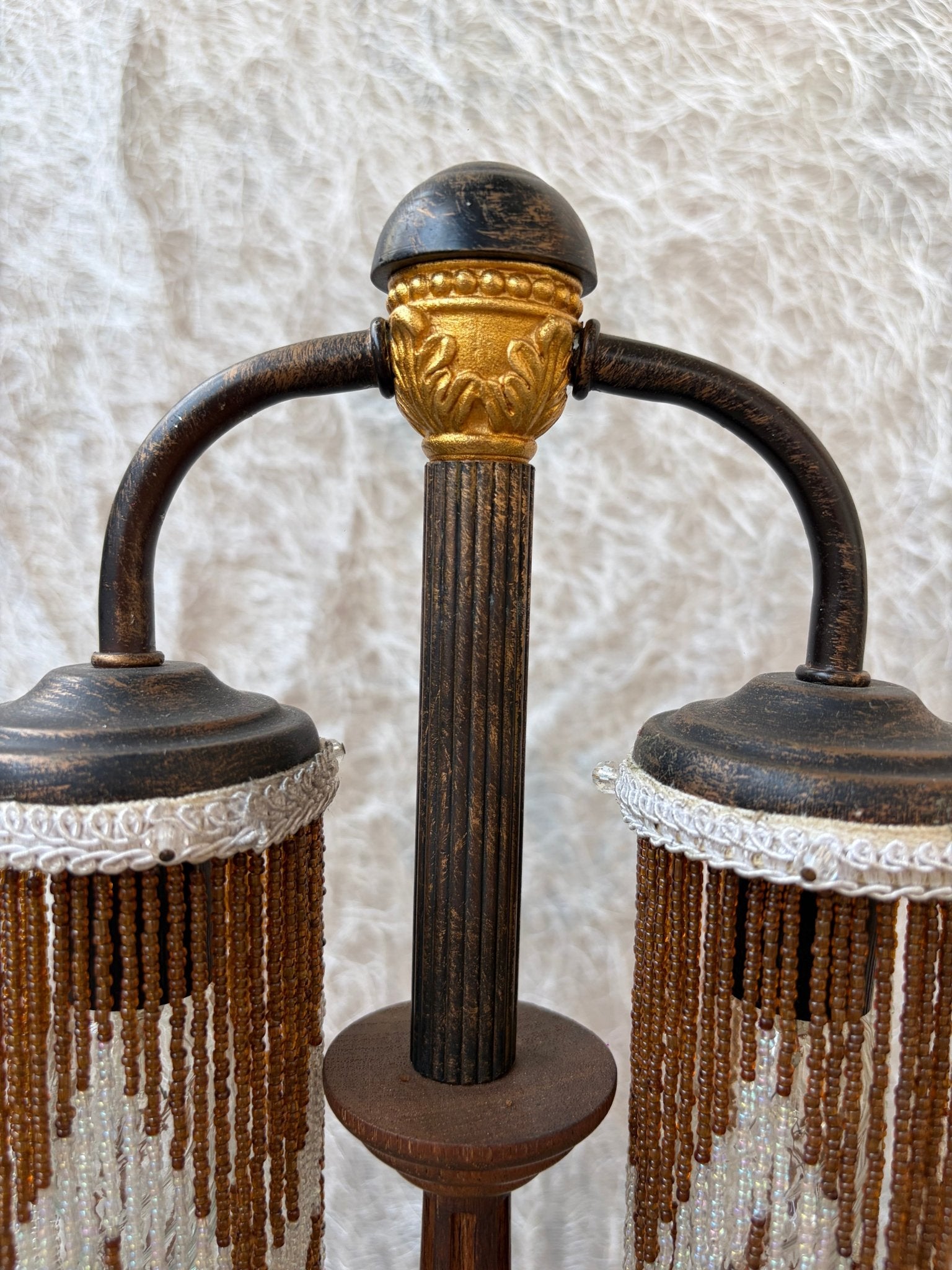 A Vintage Table Lamp With Two-Metal-Arm Beaded Fringe Shades and a Wooden Body - Surround Living - 19