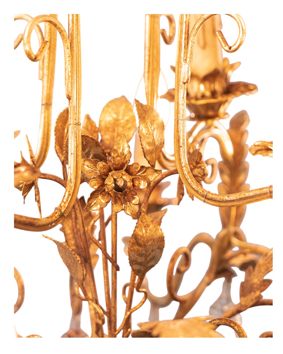 Italian Toleware Golden Chandelier with Murano Glass Droplets
