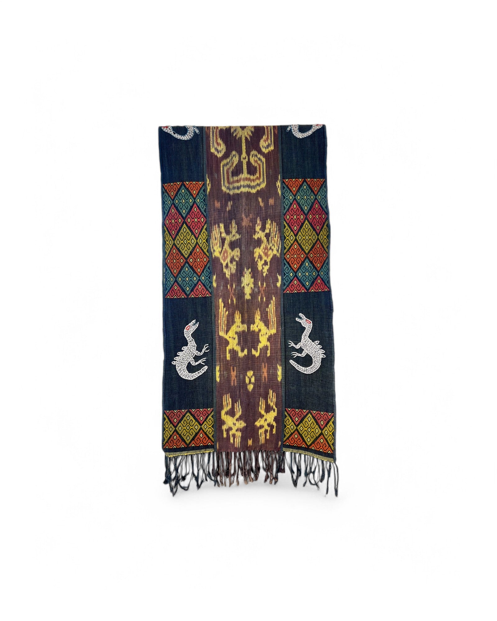 Decorative Table Runner / Wall Tapestry, Ikat, Borracay weave, Hand embroidered beads and shells Dinosoar