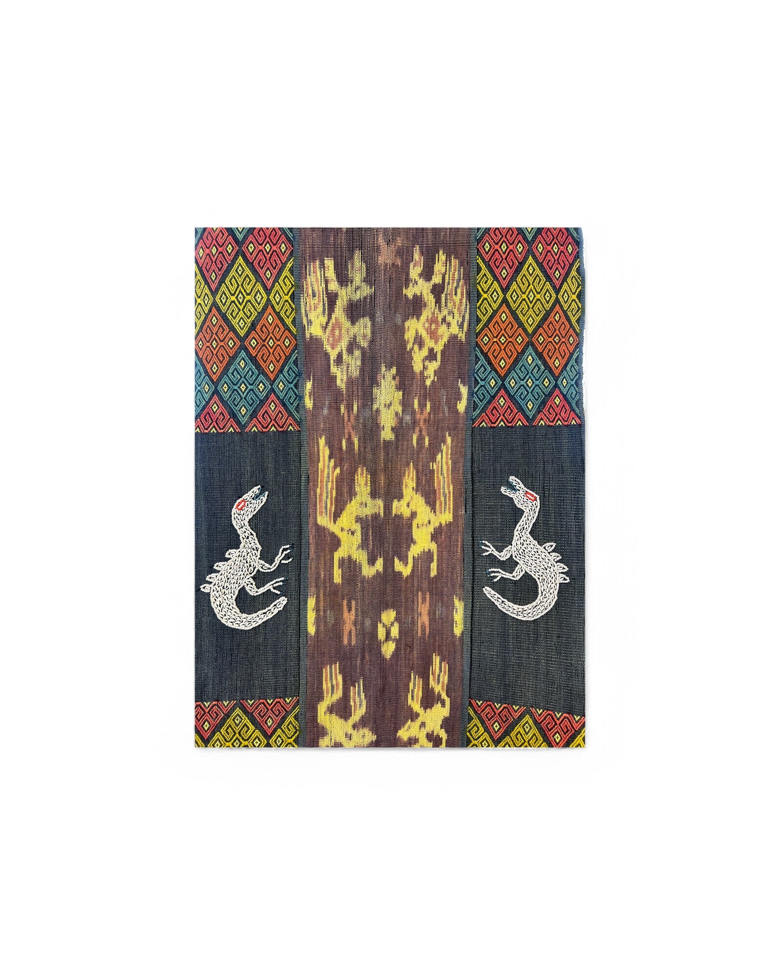 Decorative Table Runner / Wall Tapestry, Ikat, Borracay weave, Hand embroidered beads and shells Dinosoar