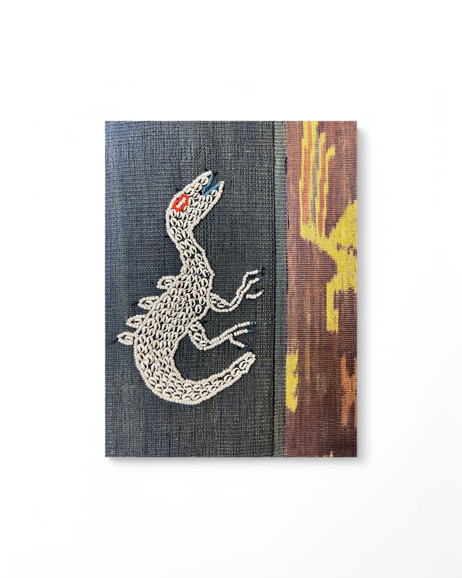 Decorative Table Runner / Wall Tapestry, Ikat, Borracay weave, Hand embroidered beads and shells Dinosoar