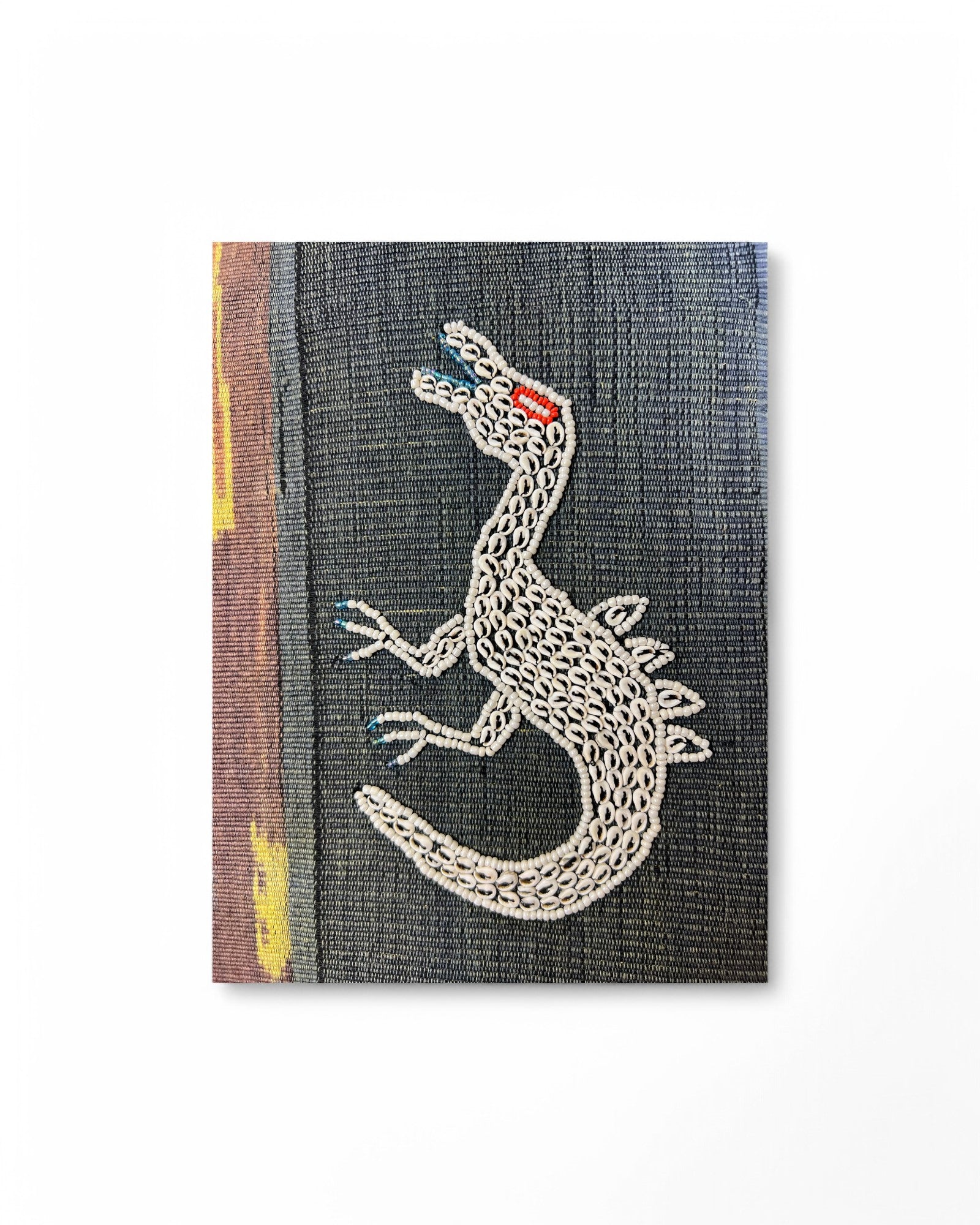 Decorative Table Runner / Wall Tapestry, Ikat, Borracay weave, Hand embroidered beads and shells Dinosoar