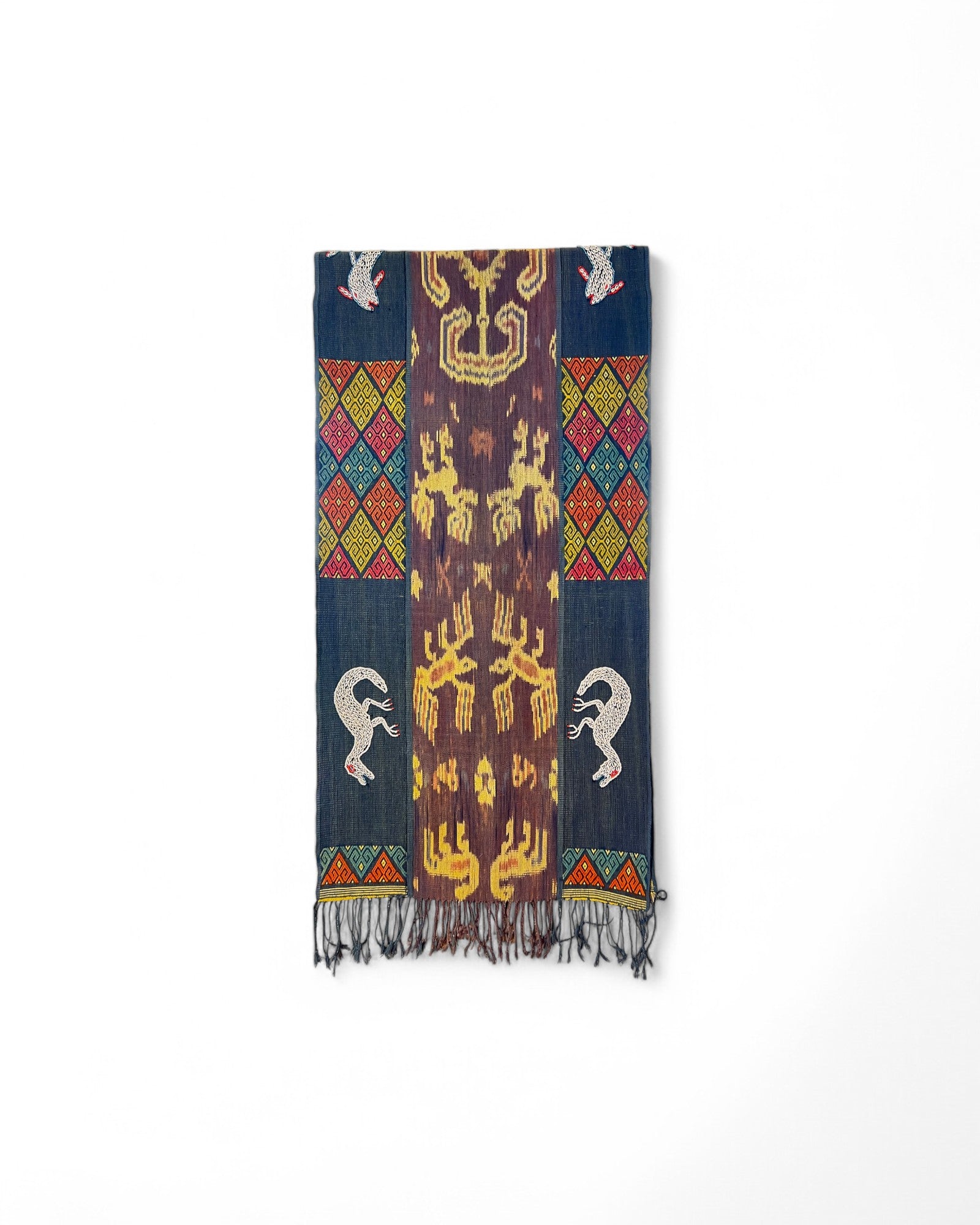 Decorative Table Runner / Wall Tapestry, Ikat, Borracay weave, Hand embroidered beads and shells Dinosoar