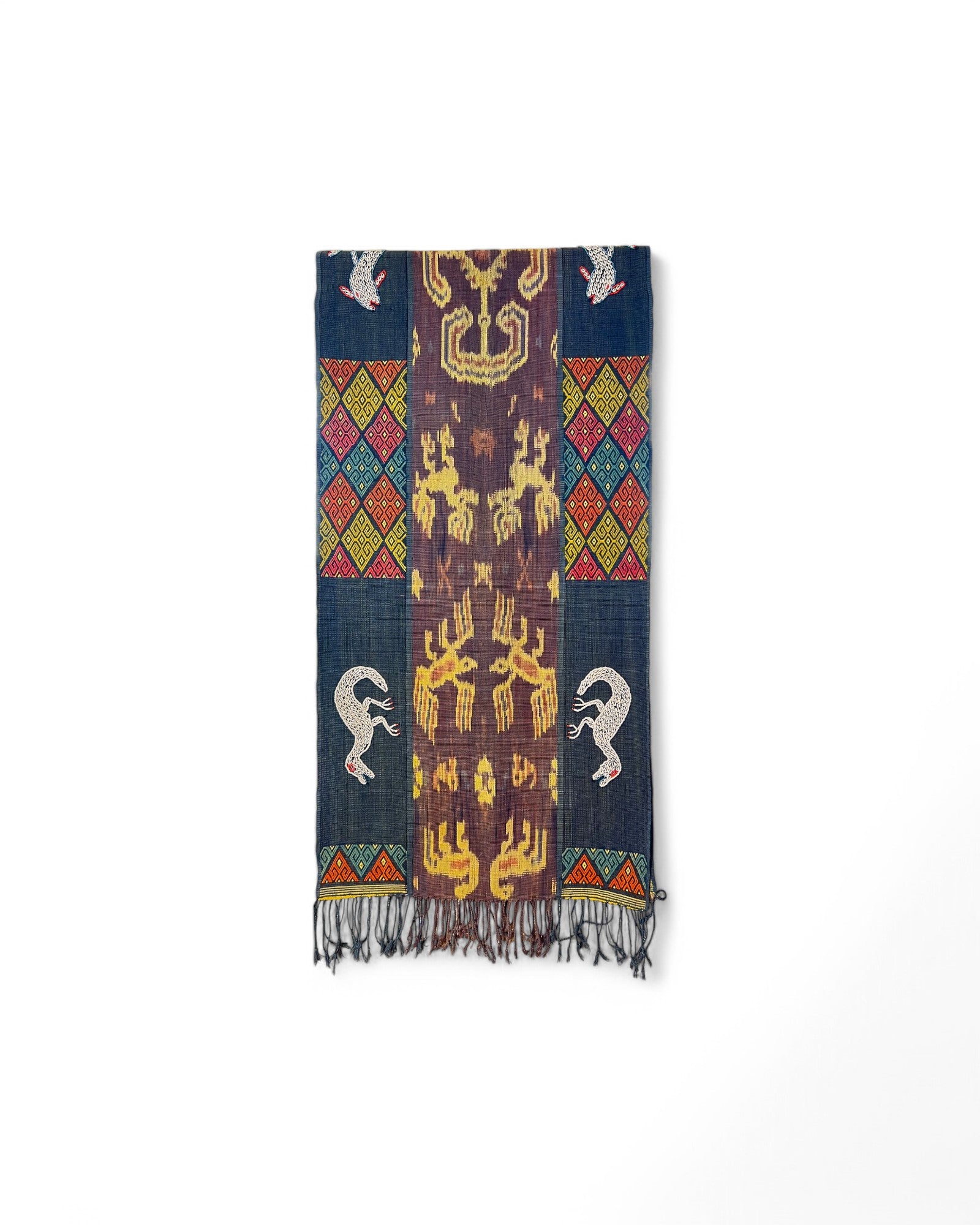 Decorative Table Runner / Wall Tapestry, Ikat, Borracay weave, Hand embroidered beads and shells Dinosoar