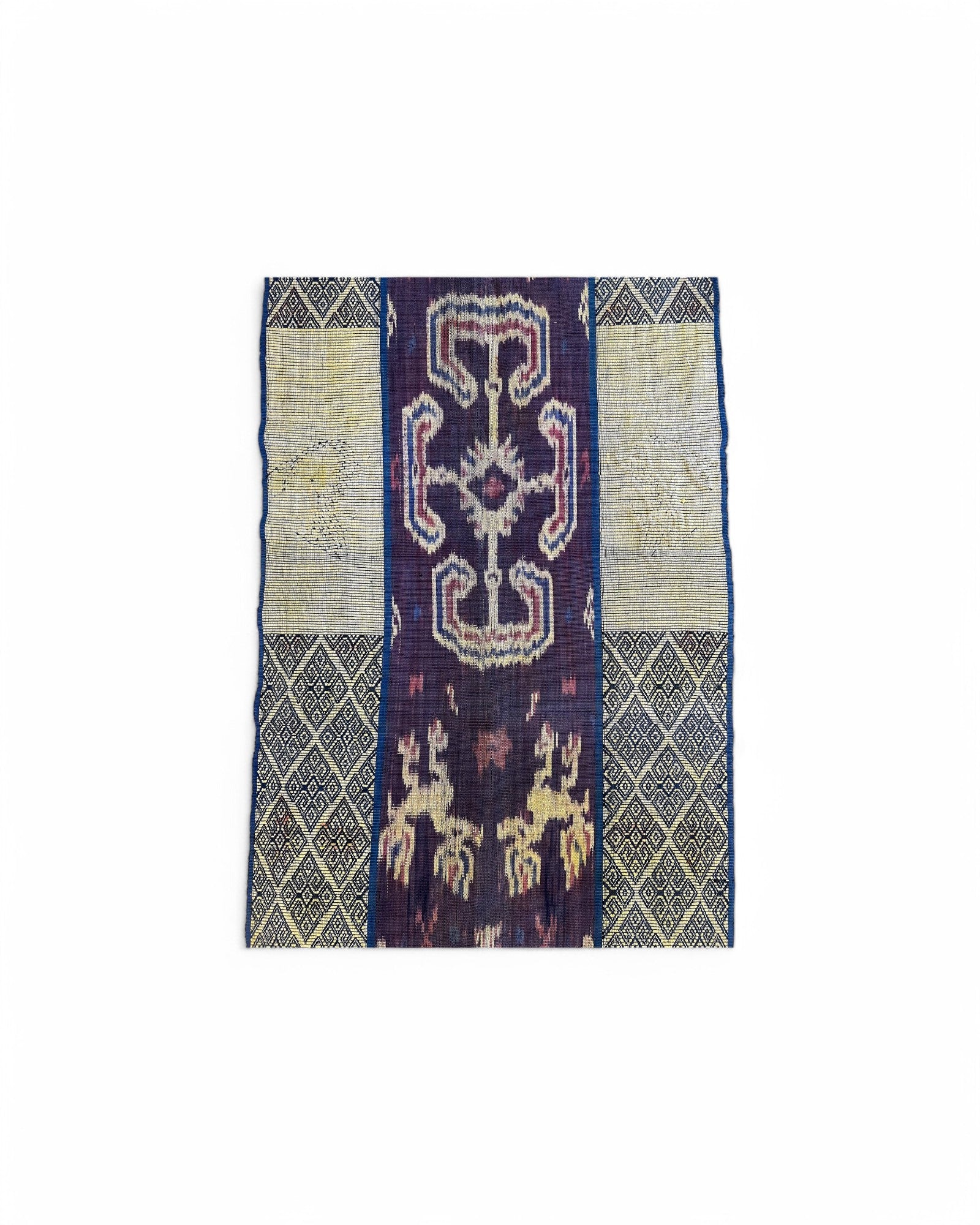 Decorative Table Runner / Wall Tapestry, Ikat, Borracay weave, Hand embroidered beads and shells Dinosoar