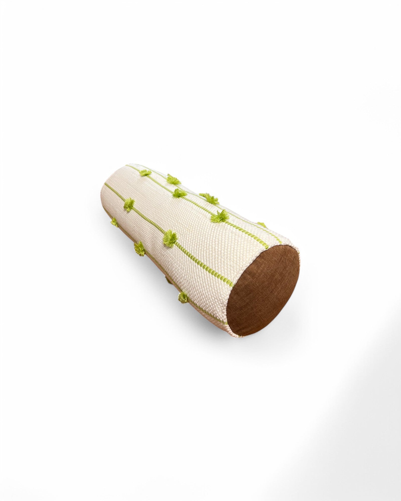 Cylindral Bolster Pillow, Handstiched - White & Lime Green Piping