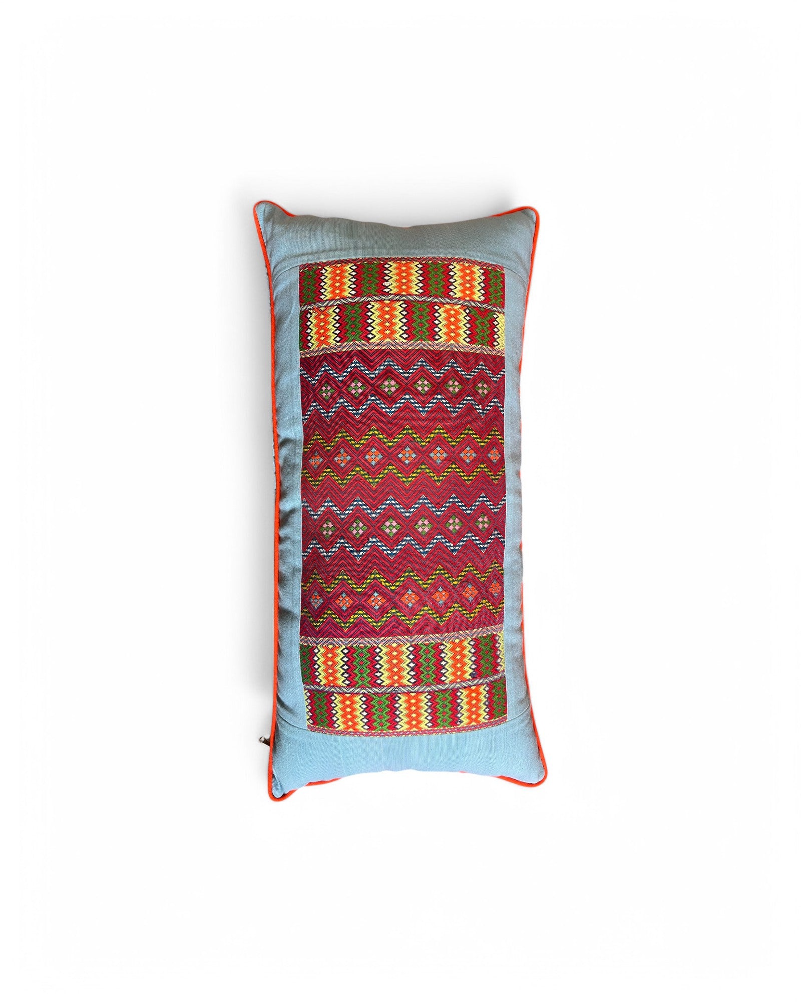 Lumba Cushion with Karen Hilltribe Centrepiece, Multicoloured piping - Light Blue