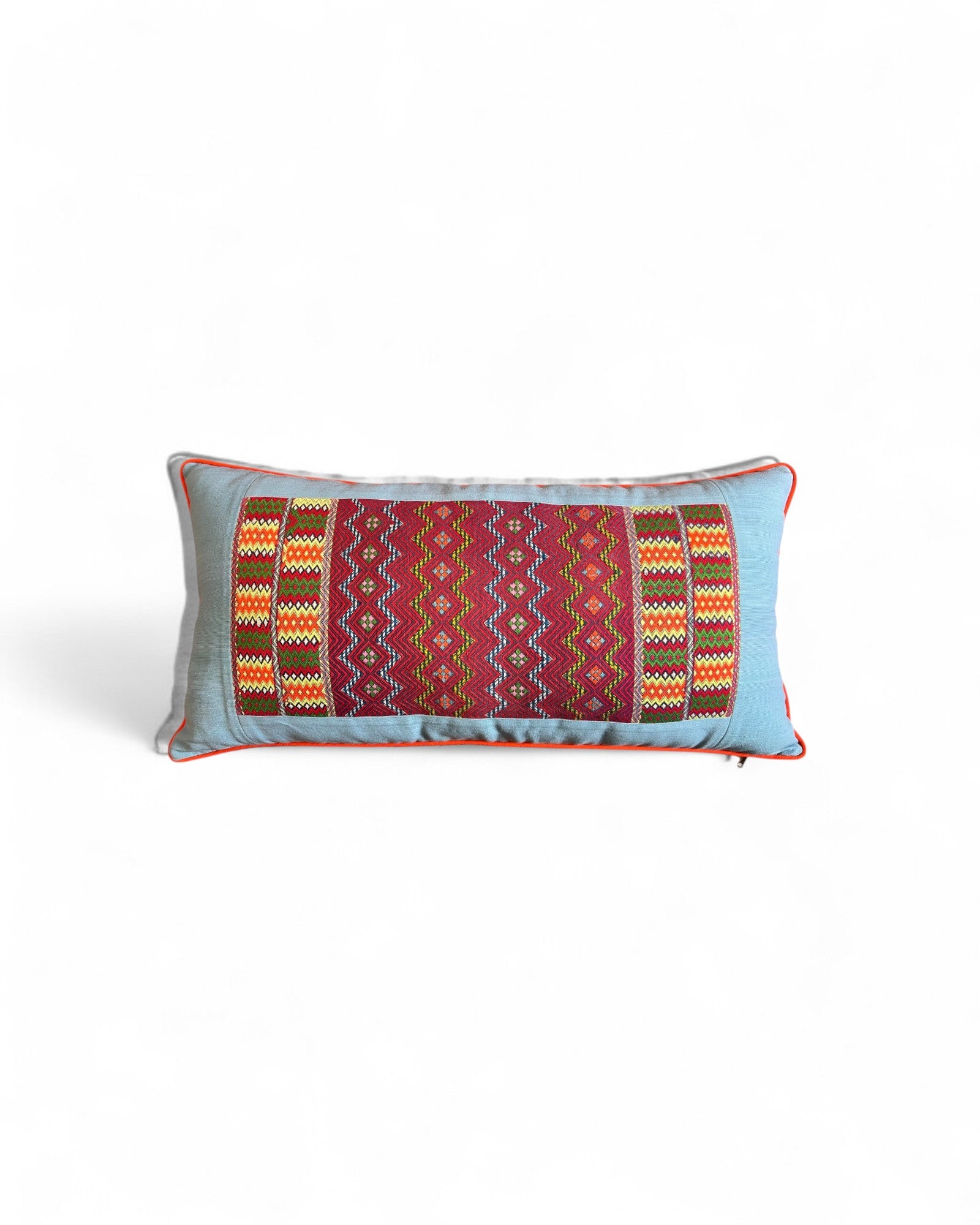 Lumba Cushion with Karen Hilltribe Centrepiece, Multicoloured piping - Light Blue