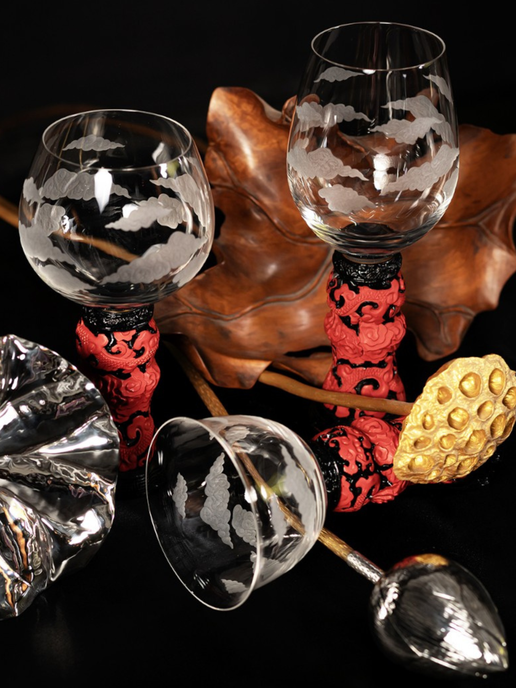 Wine Goblet Set with Red Lacquer Base - Set of 3