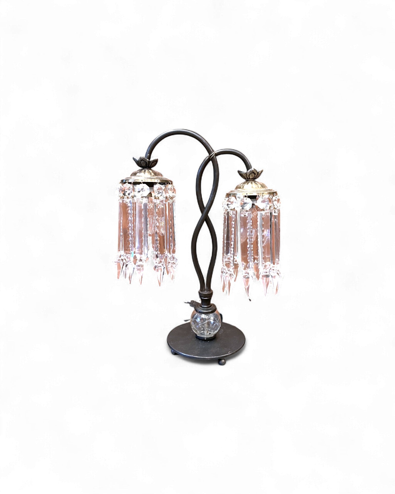 Vintage-Style Metal & Crystal “Waterfall” Two-Light Table Lamp