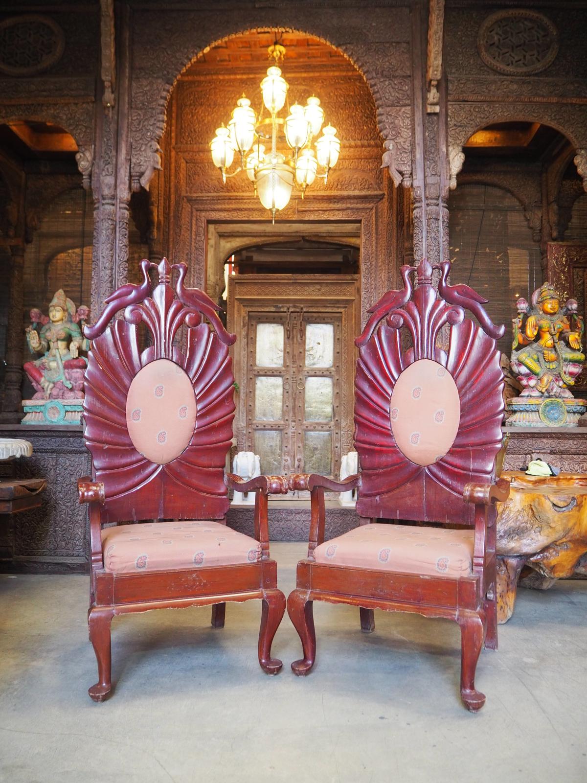 1940 Anglo-Indian Royal Colonial Peacock High Back Armchairs - Set of 2