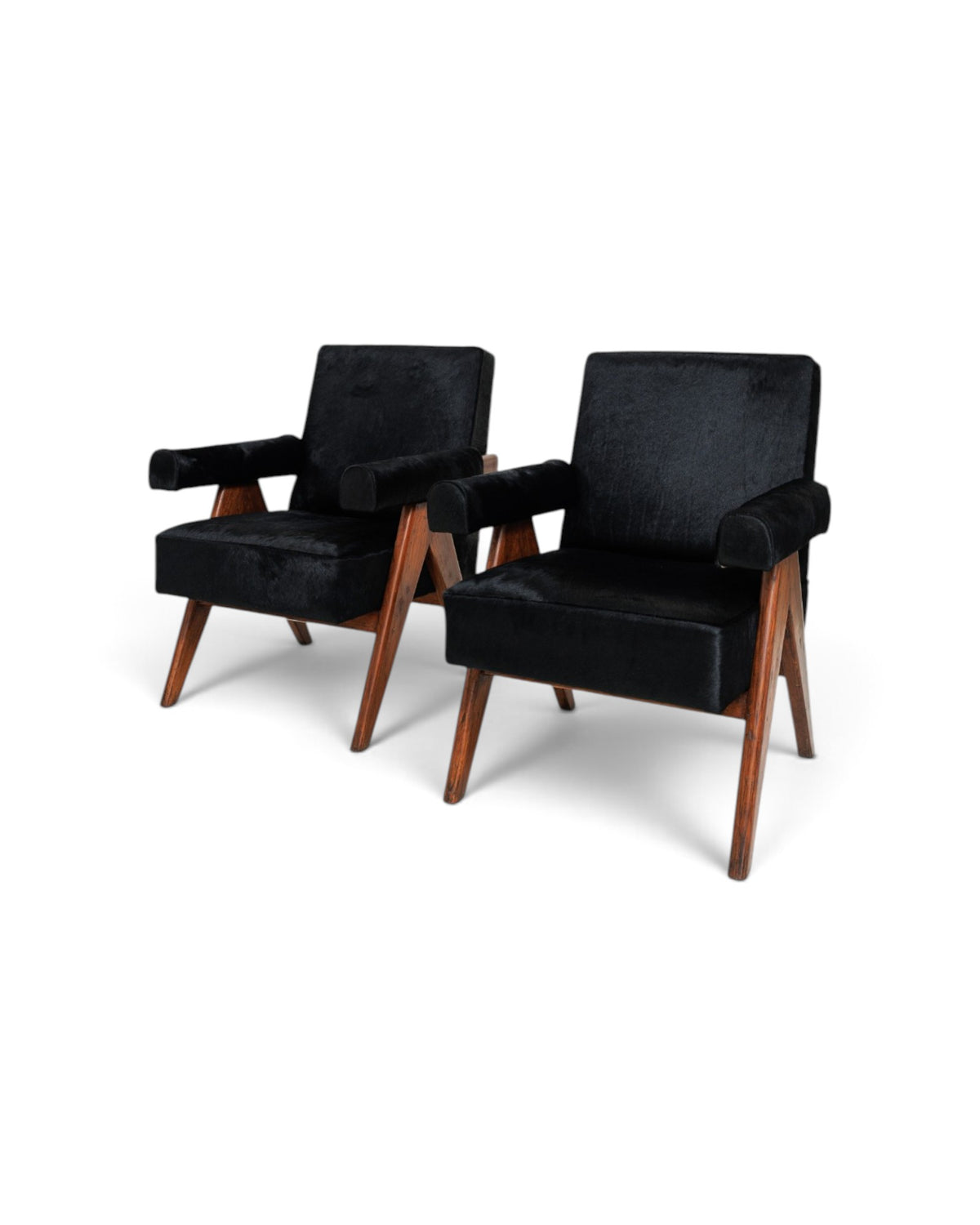 Pierre Jeanneret V-Leg Sofa Set with 2 Armchairs in Black Hide
