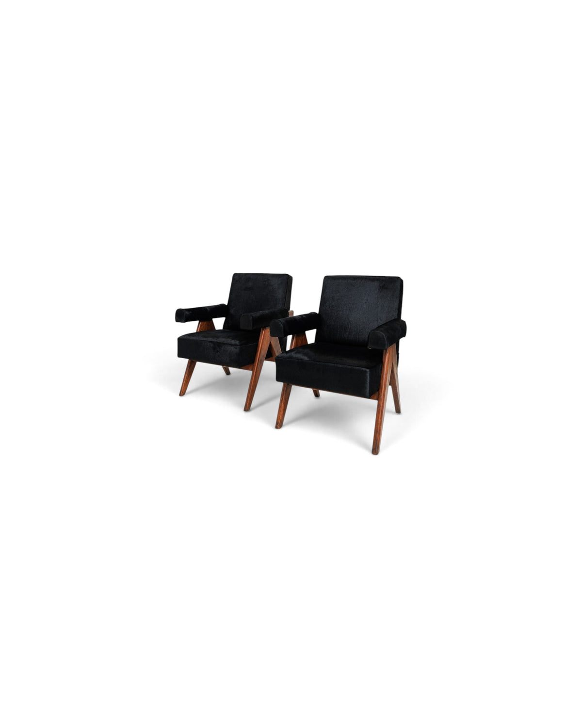 Pierre Jeanneret V-Leg Sofa Set with 2 Armchairs in Black Hide