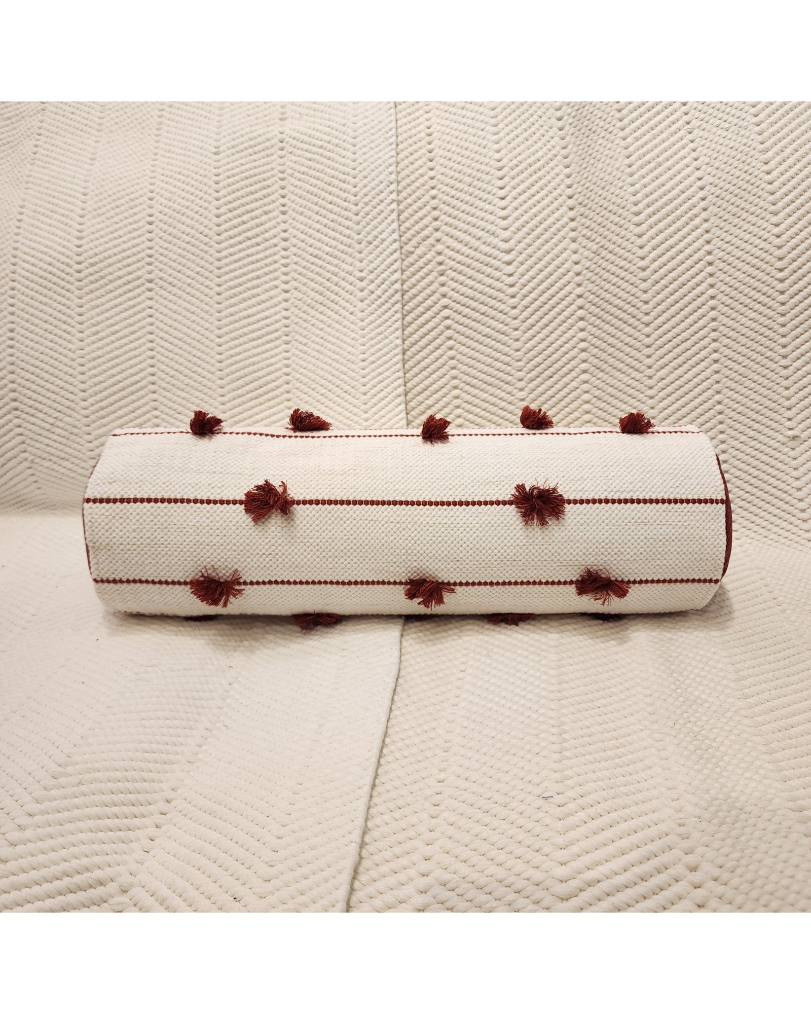 Cylindral Bolster Pillow - White and Maroon
