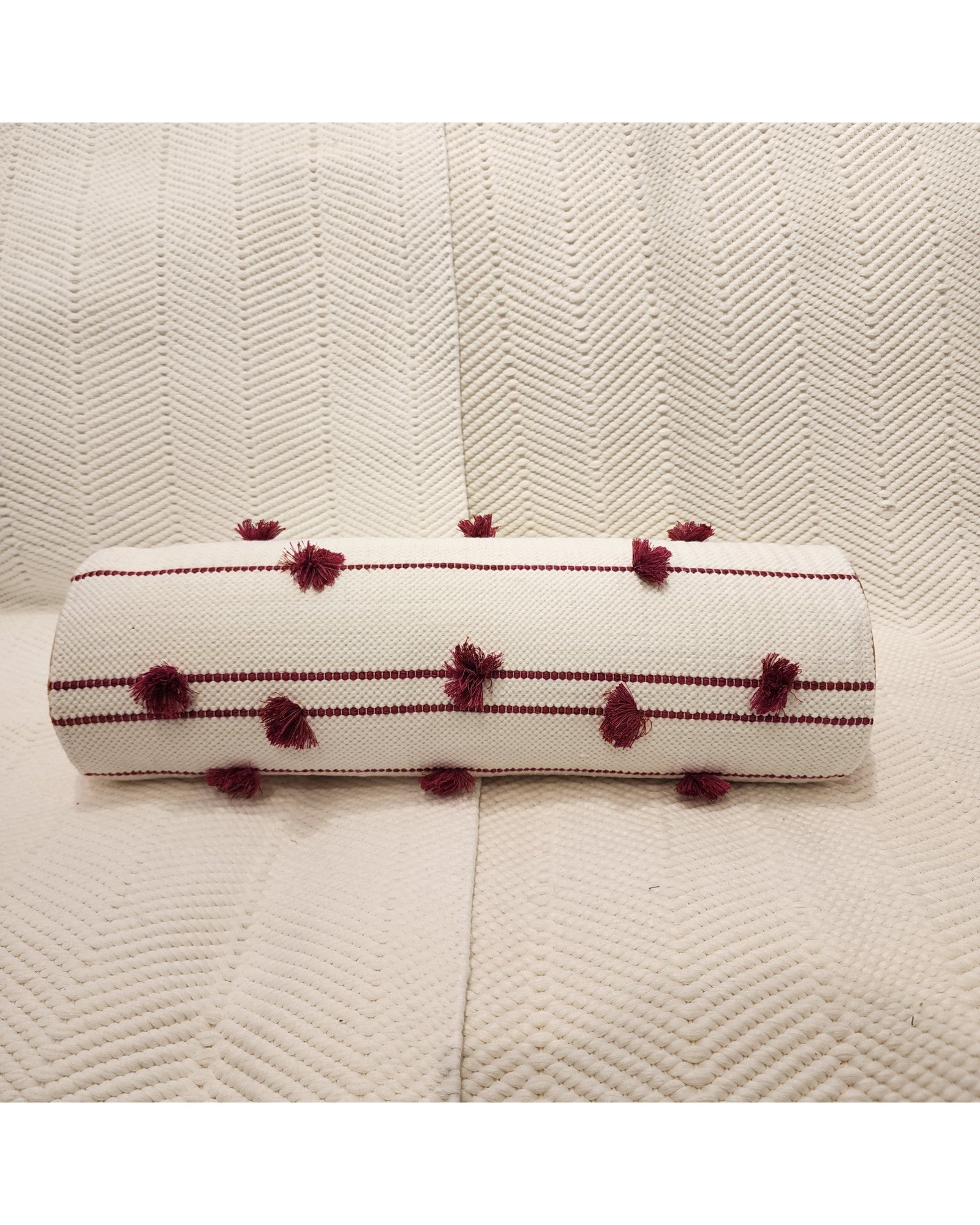 Cylindral Bolster Pillow - White and Maroon