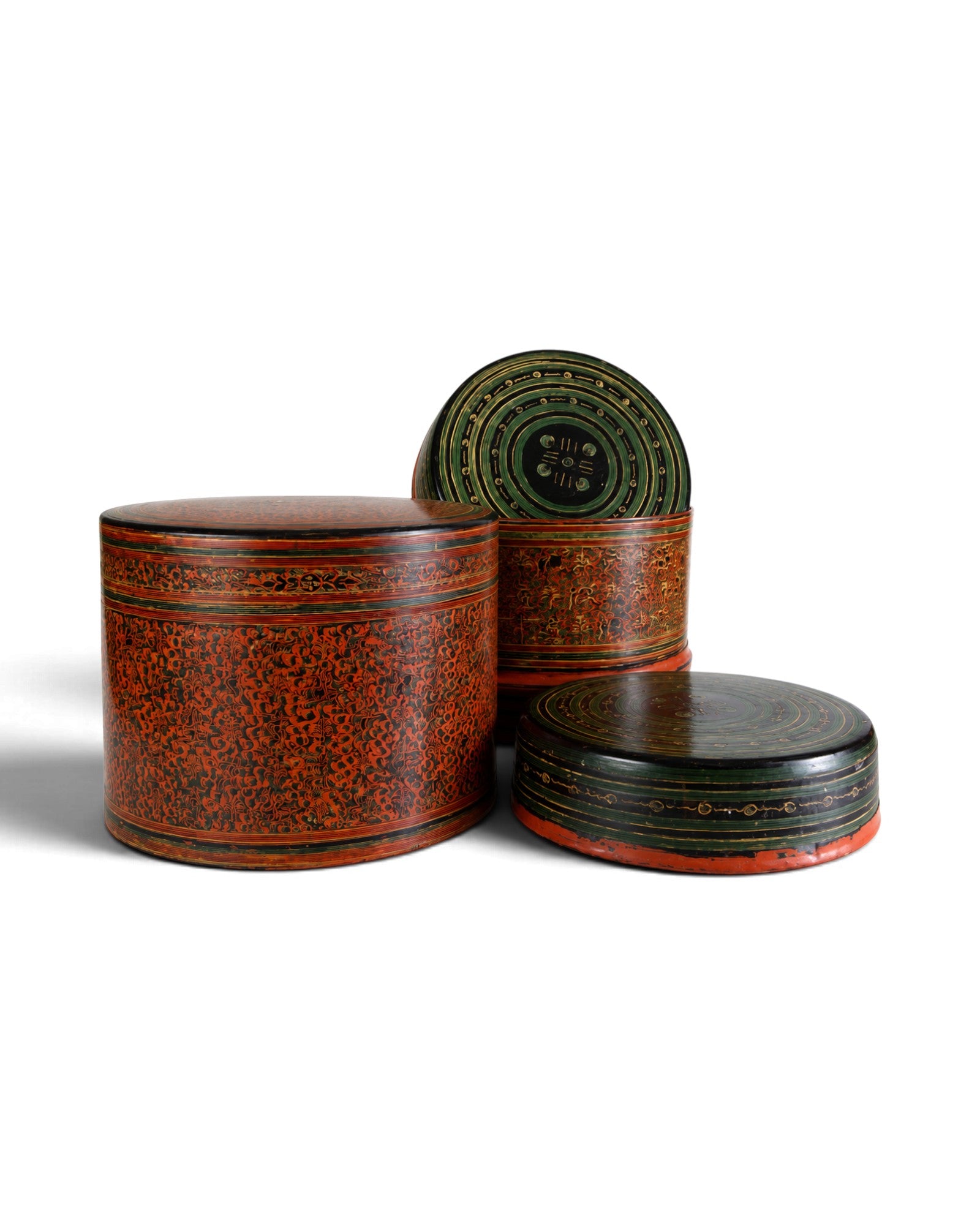 Burmese Antique Lacquer Cylindrical Boxes Set o f 3