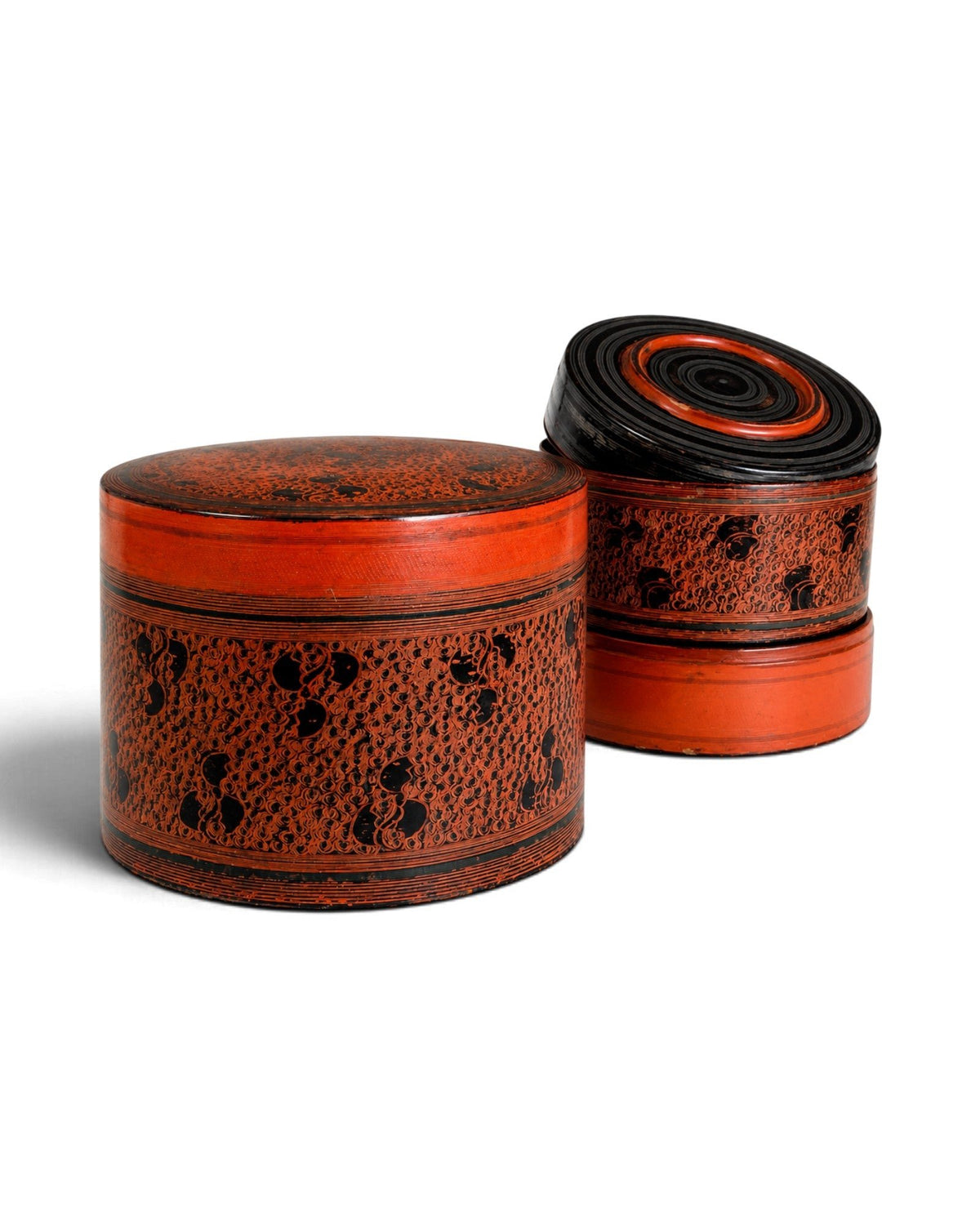 Burmese Antique Lacquer Cylindrical Boxes Set o f 3 - Surround Living - 6