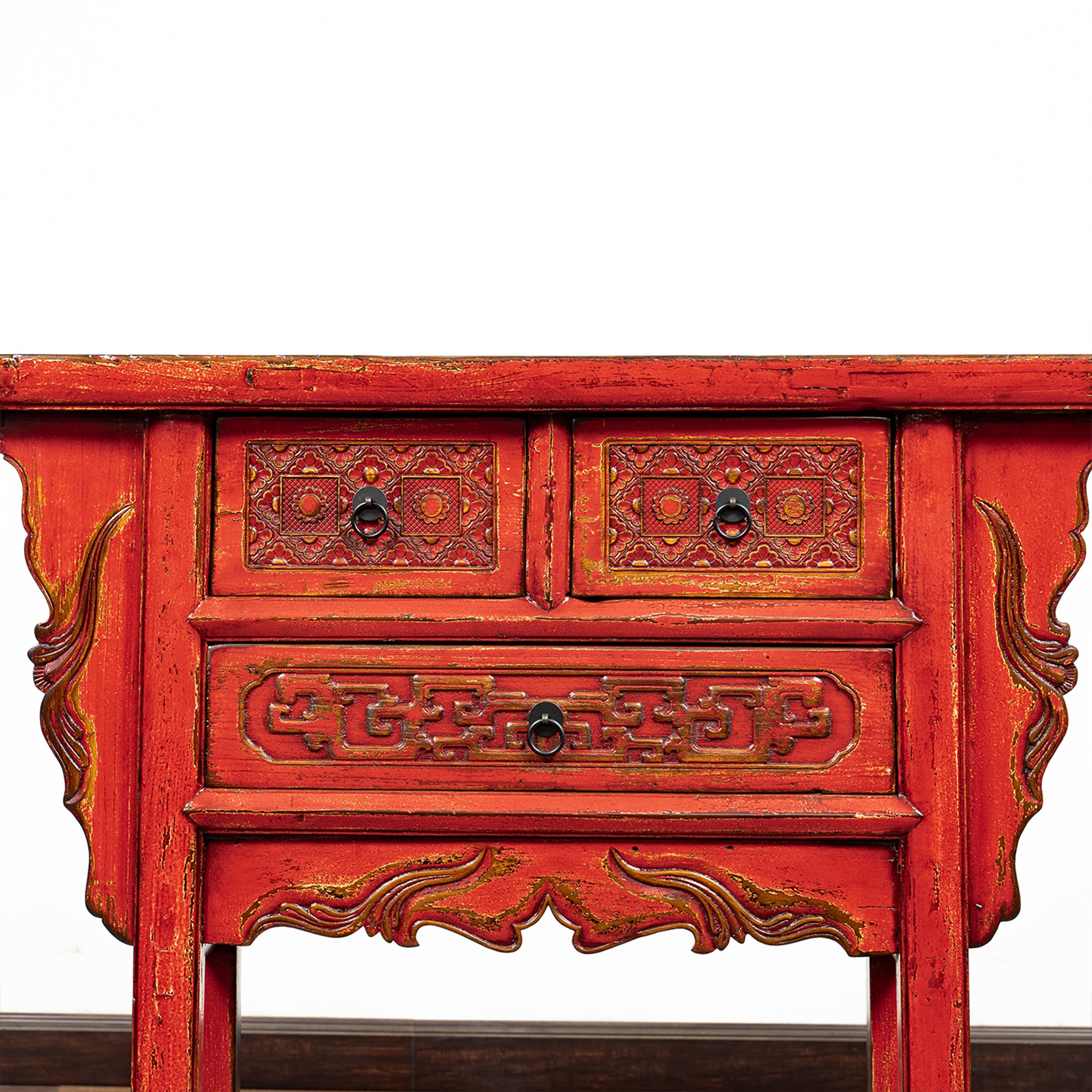 Chinese Antique Three Drawers Carved Console Table