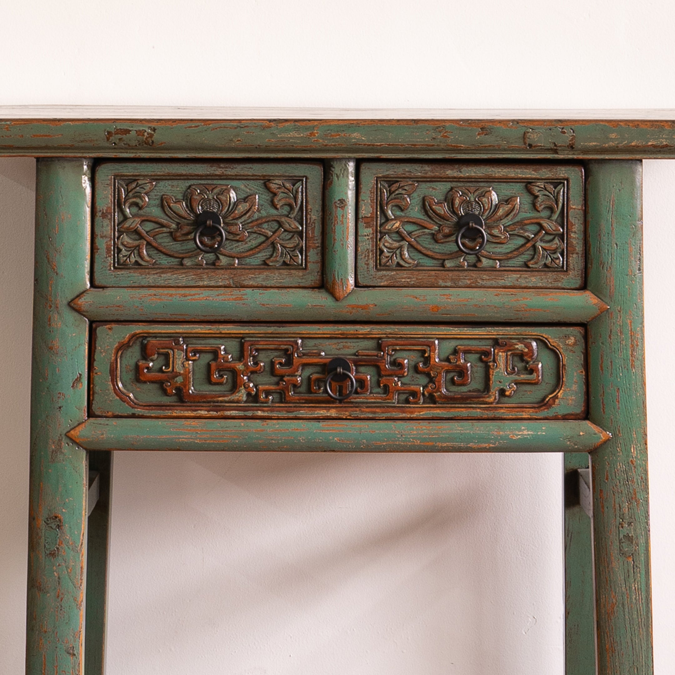 Chinese Antique Three Drawers Carved Console Table