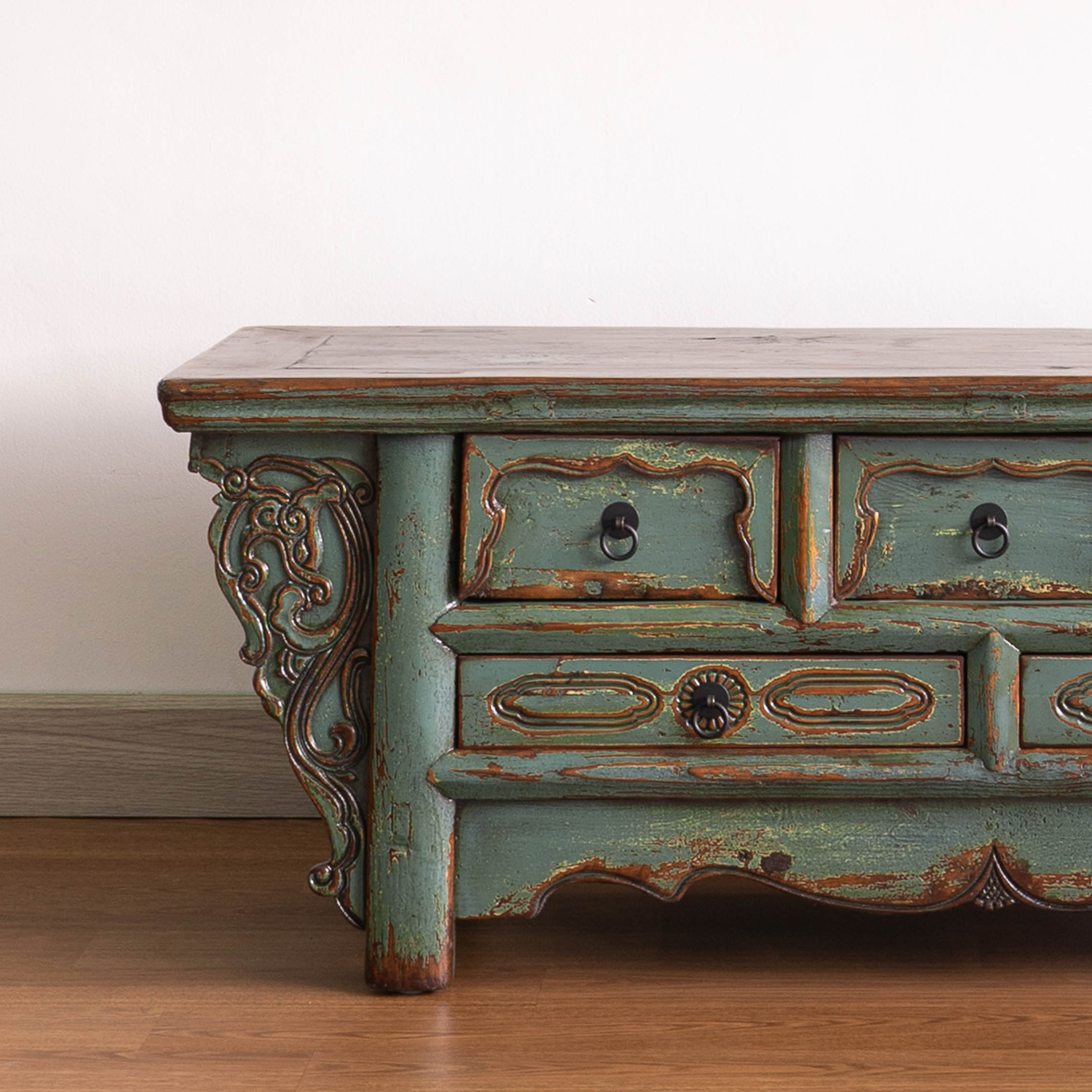 Antique Oriental Five Drawers Low Sideboard Table