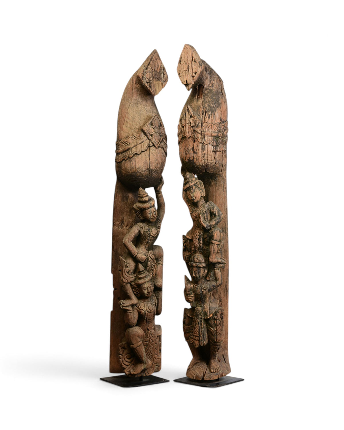 A Pair of Burmese Wooden Finial (Chofa) with Figures - Set of 2