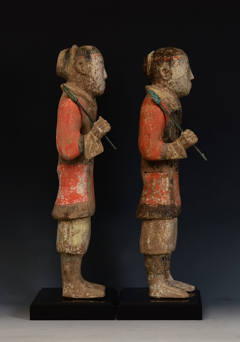A Pair of Chinese Painted Pottery Warrior Holding Bronze Spear with Oxford TL Test - Set of 2