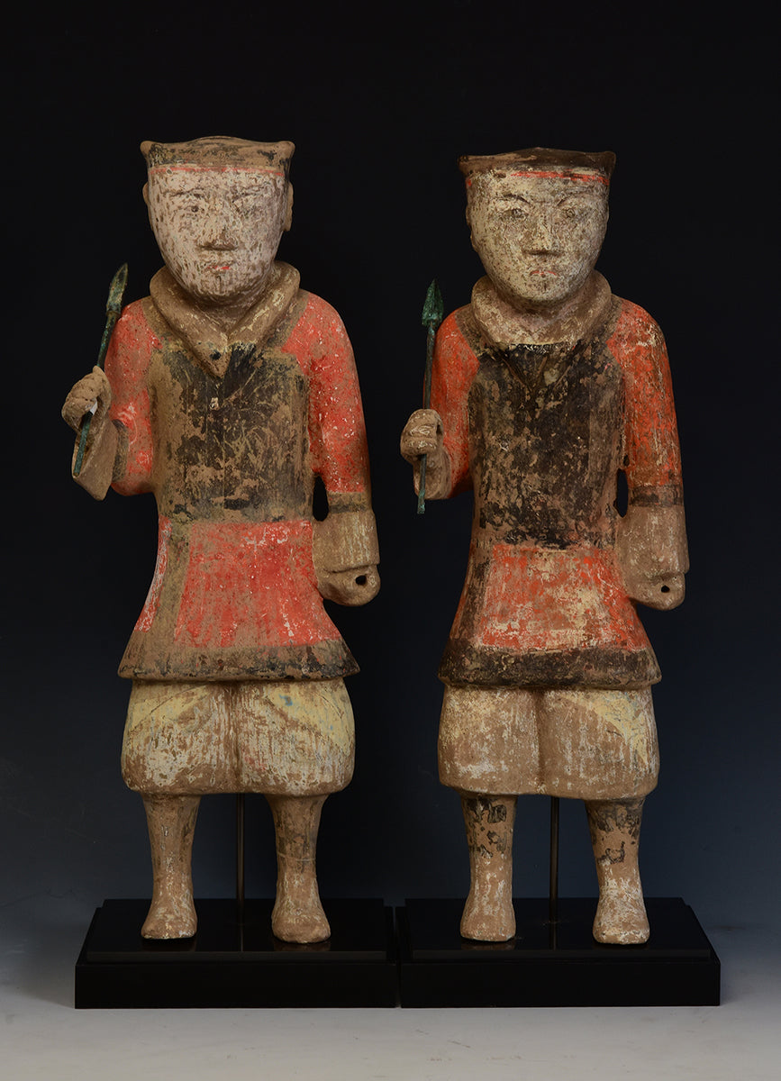 A Pair of Chinese Painted Pottery Warrior Holding Bronze Spear with Oxford TL Test - Set of 2