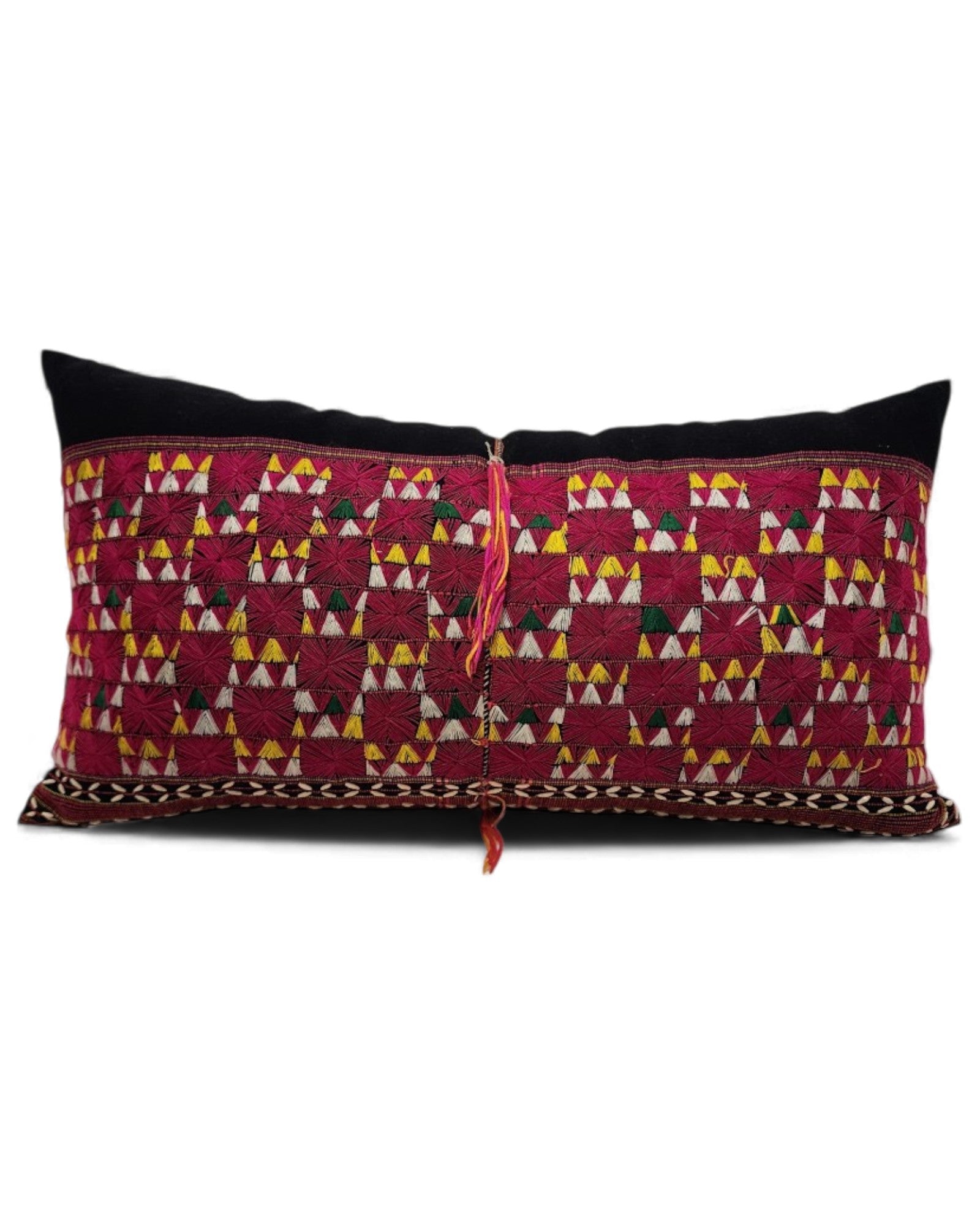Hilltribe Lumbar Cushion with Beads - Red & Multicoloured