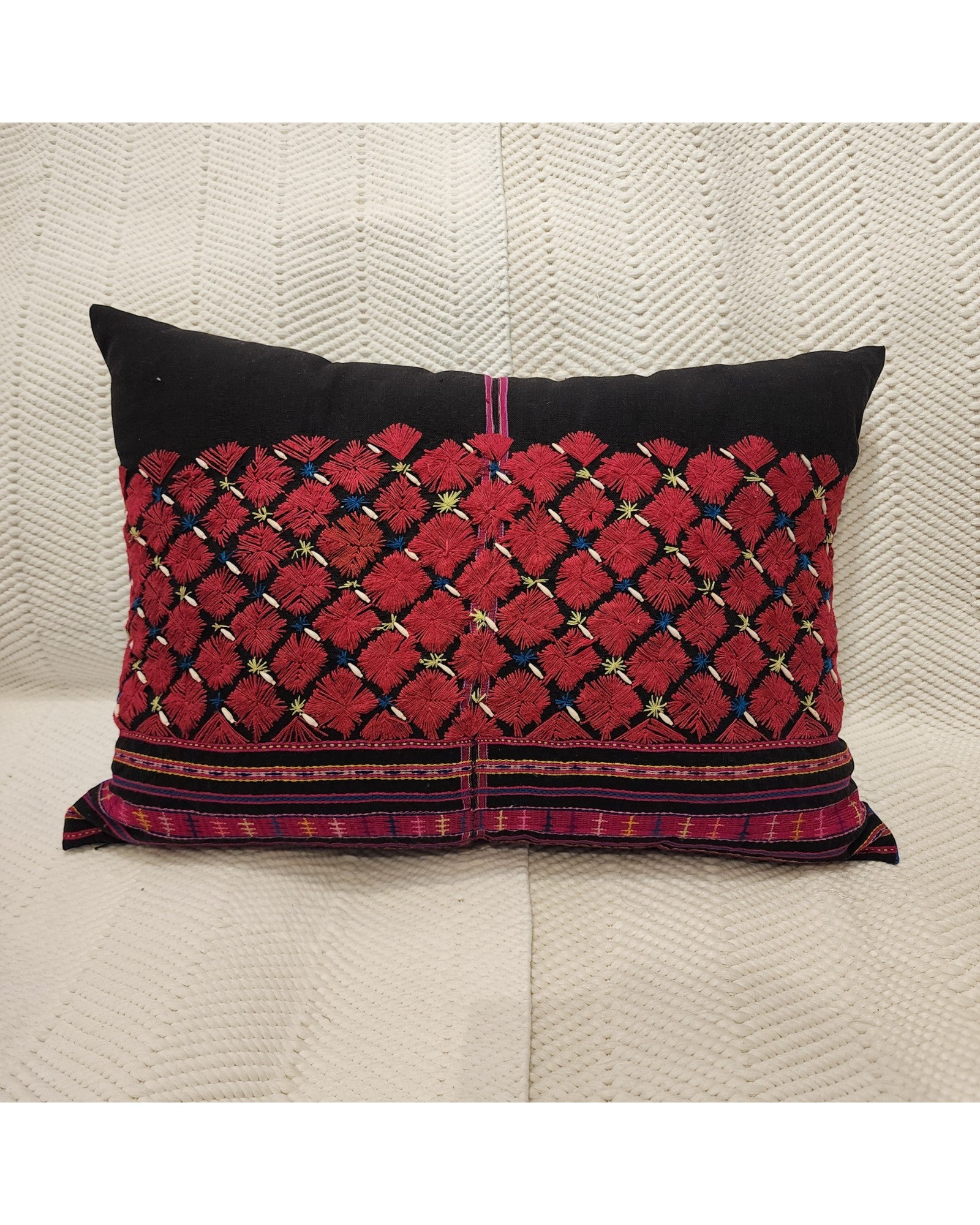Hilltribe Lumbar Cushion with Beads - Red & Black