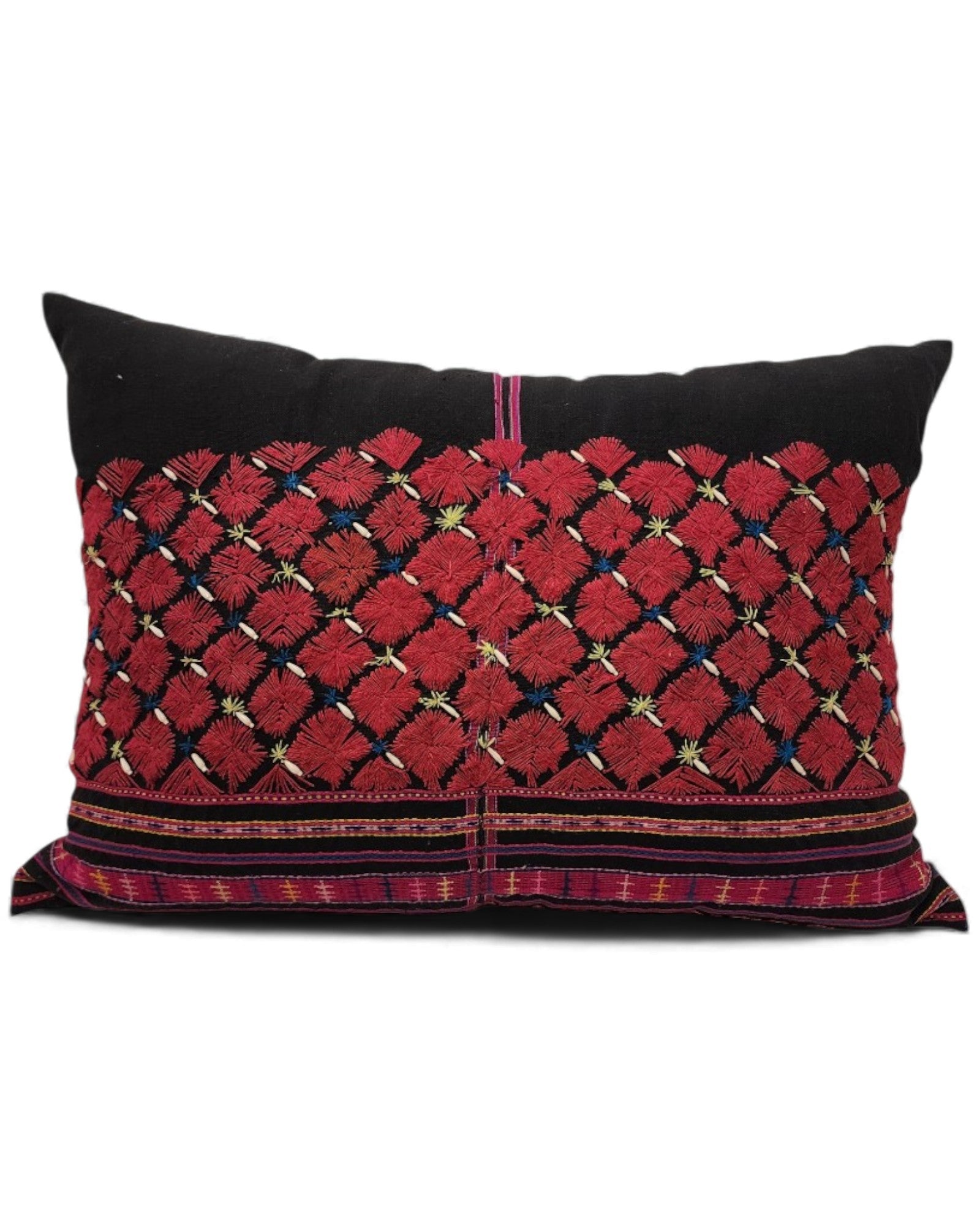 Hilltribe Lumbar Cushion with Beads - Red & Black